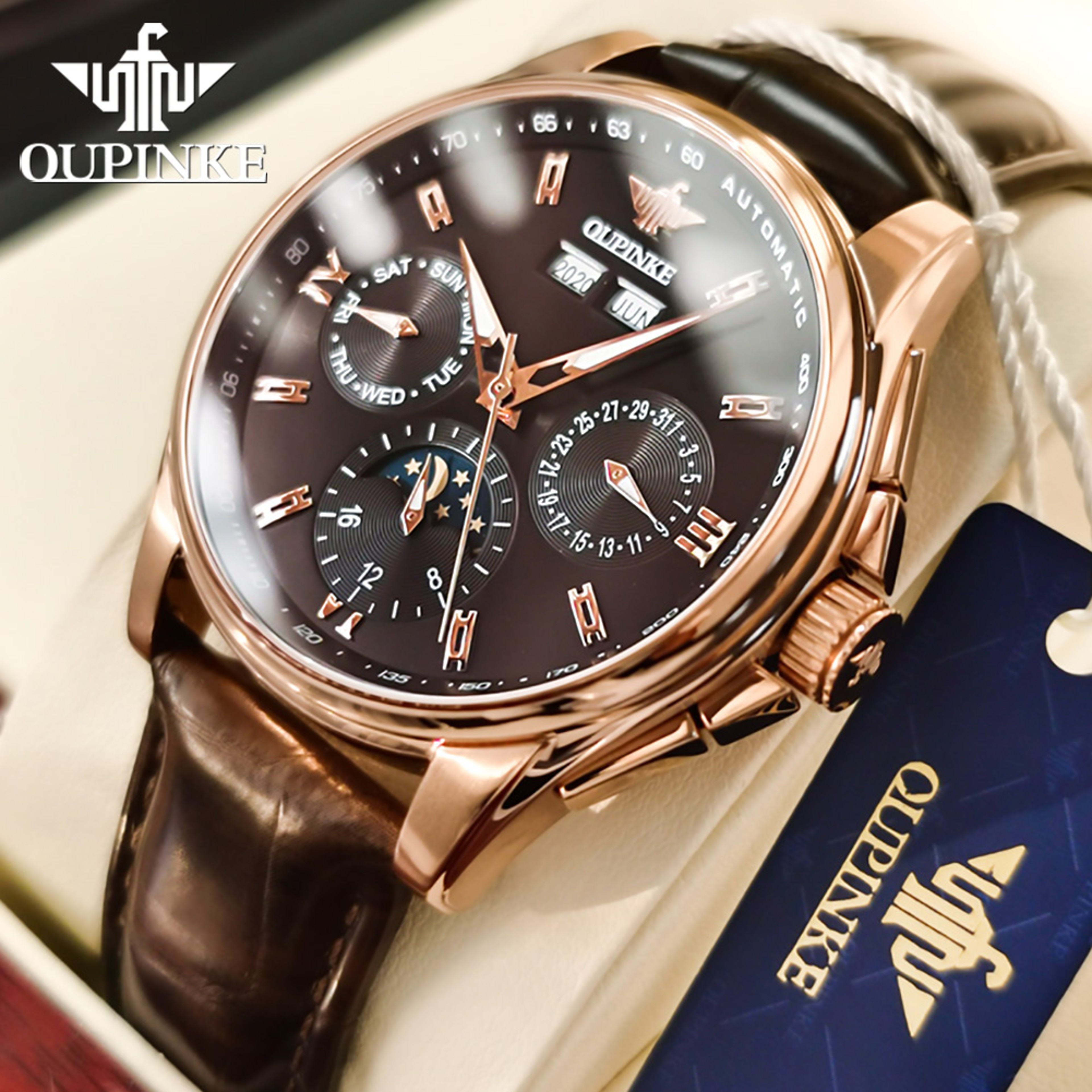 Automatic Mechanical Watch With Moon Phase Sapphire Crystal And Leather Strap 6