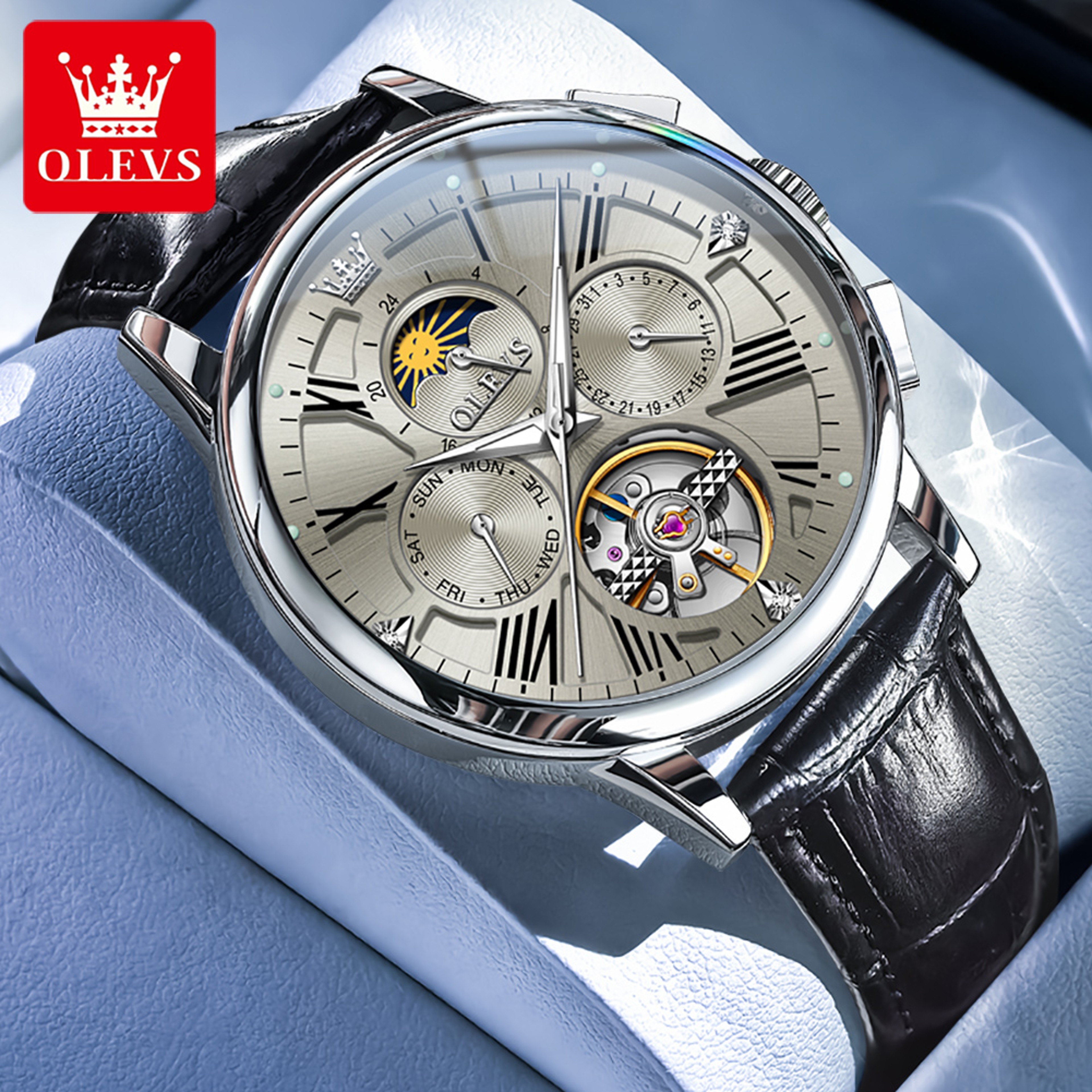 Roman Numeral Skeleton Automatic Watch With Moon Phase And Leather Strap 2