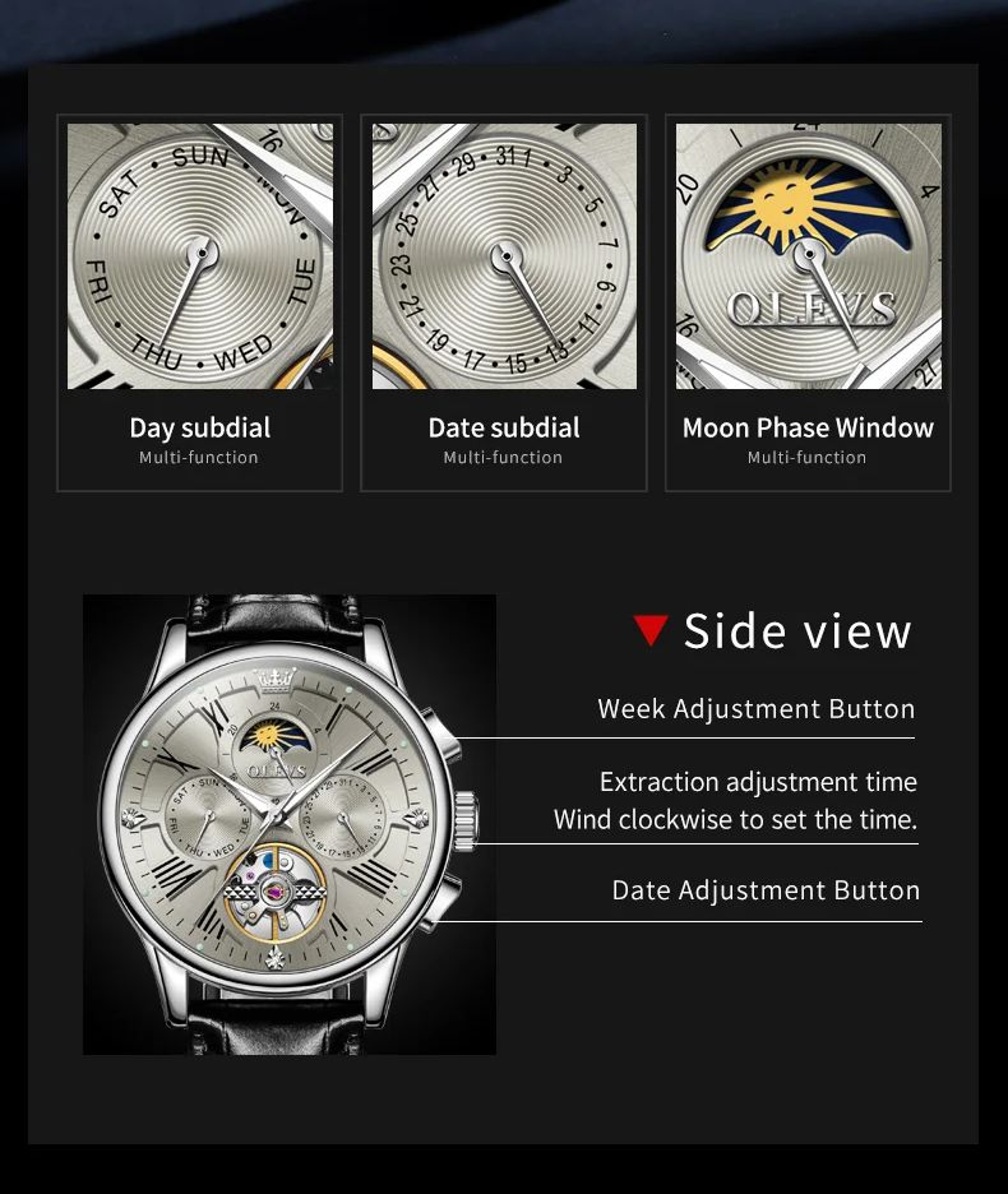 Roman Numeral Skeleton Automatic Watch With Moon Phase And Leather Strap 4