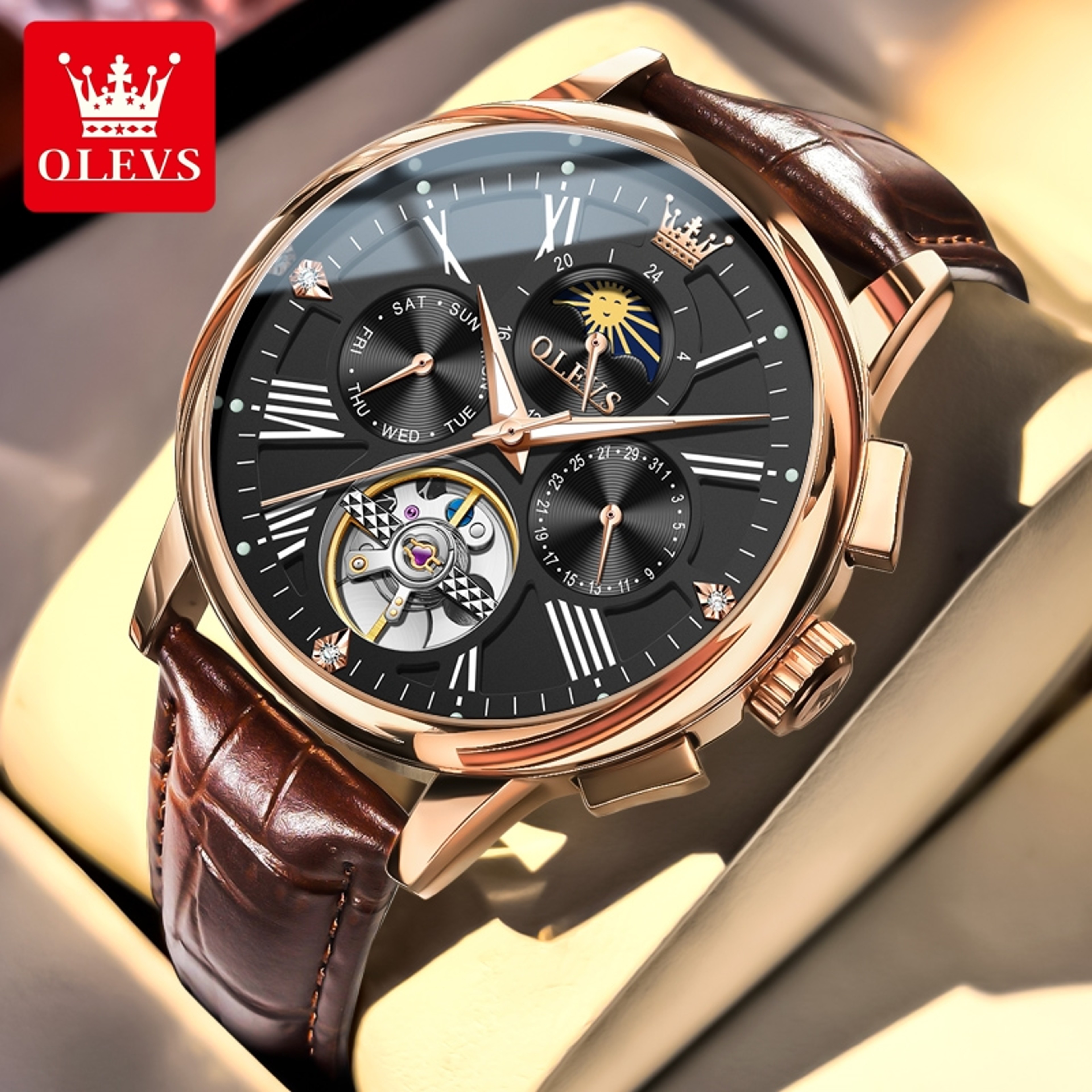 Roman Numeral Skeleton Automatic Watch With Moon Phase And Leather Strap 8