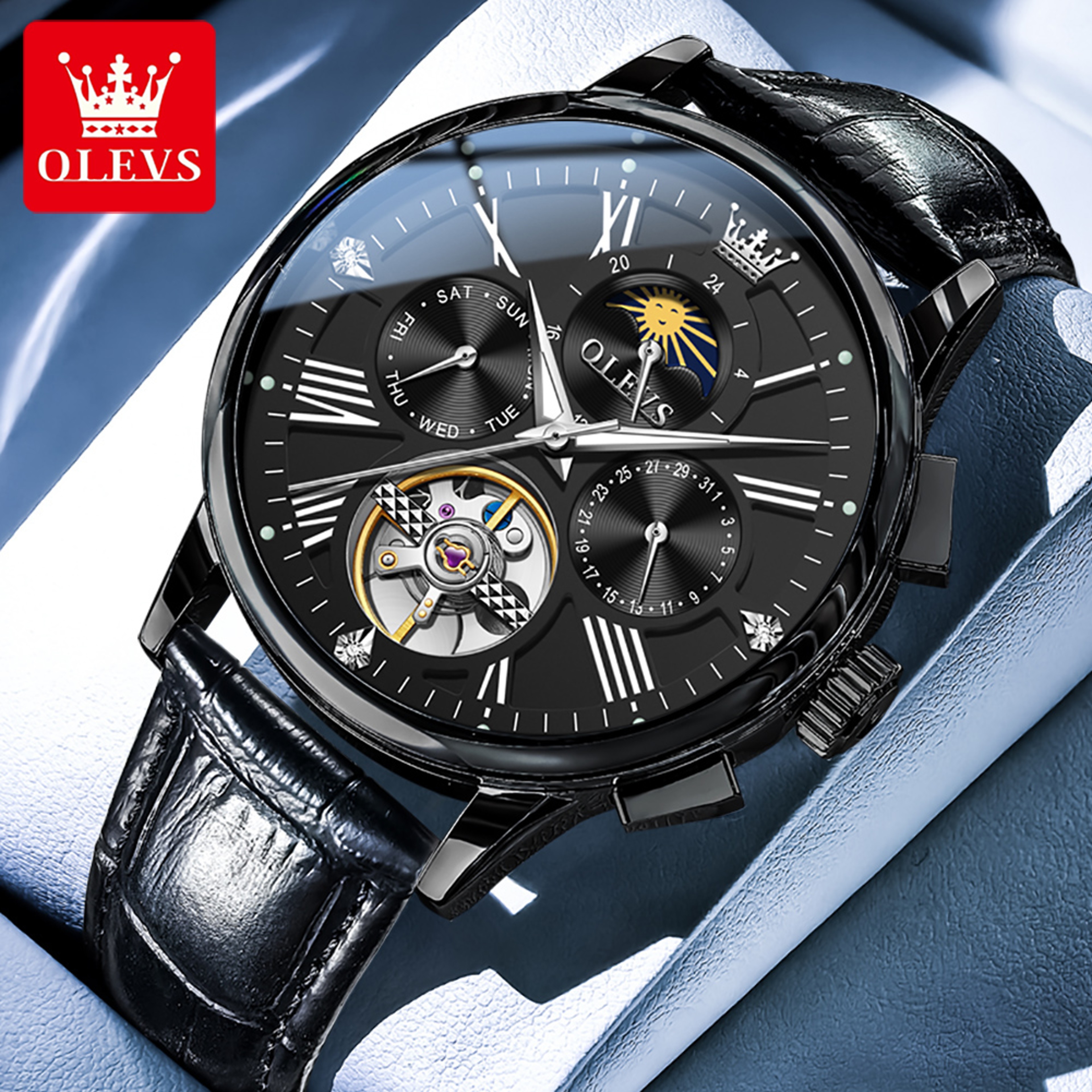Roman Numeral Skeleton Automatic Watch With Moon Phase And Leather Strap 9