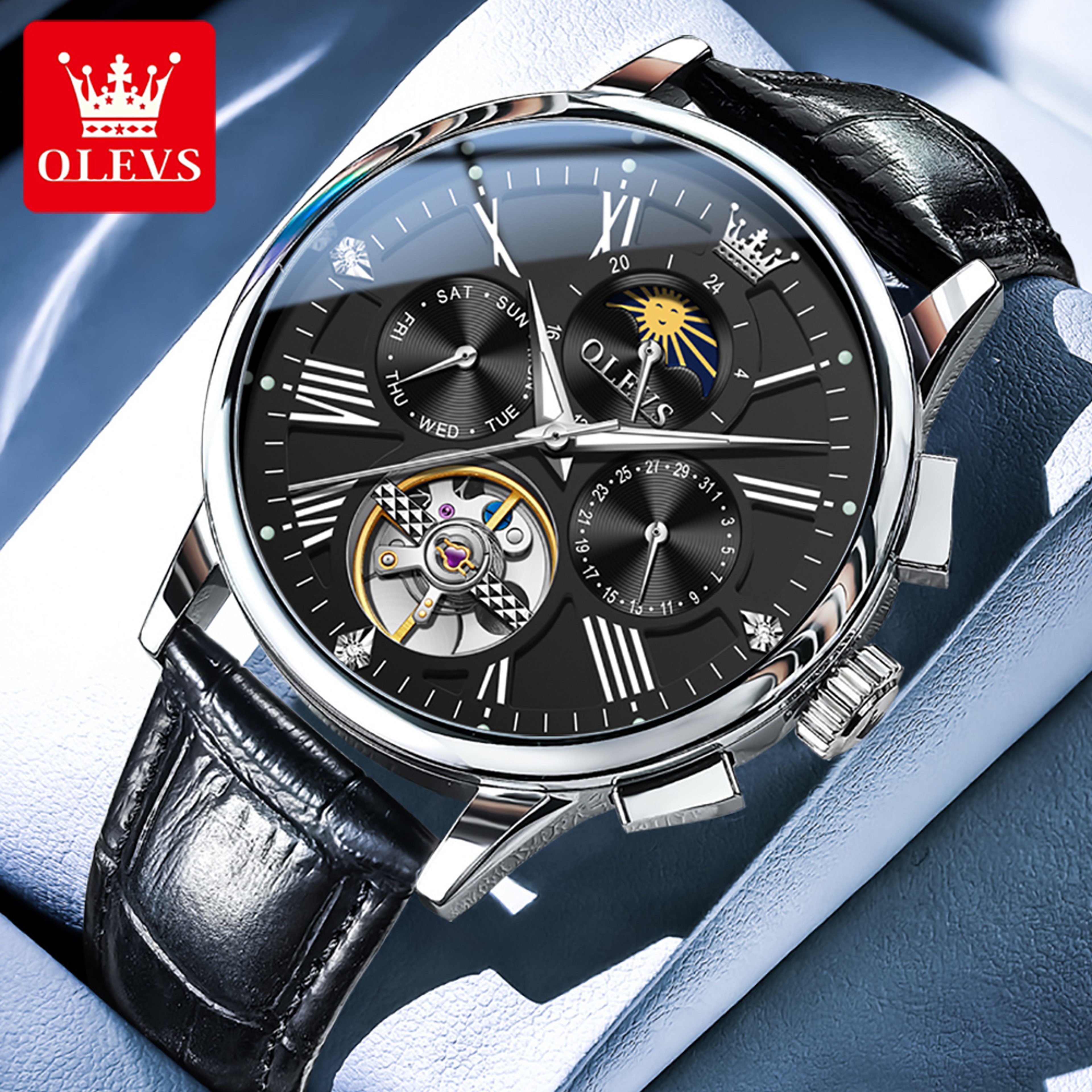 Roman Numeral Skeleton Automatic Watch With Moon Phase And Leather Strap 10