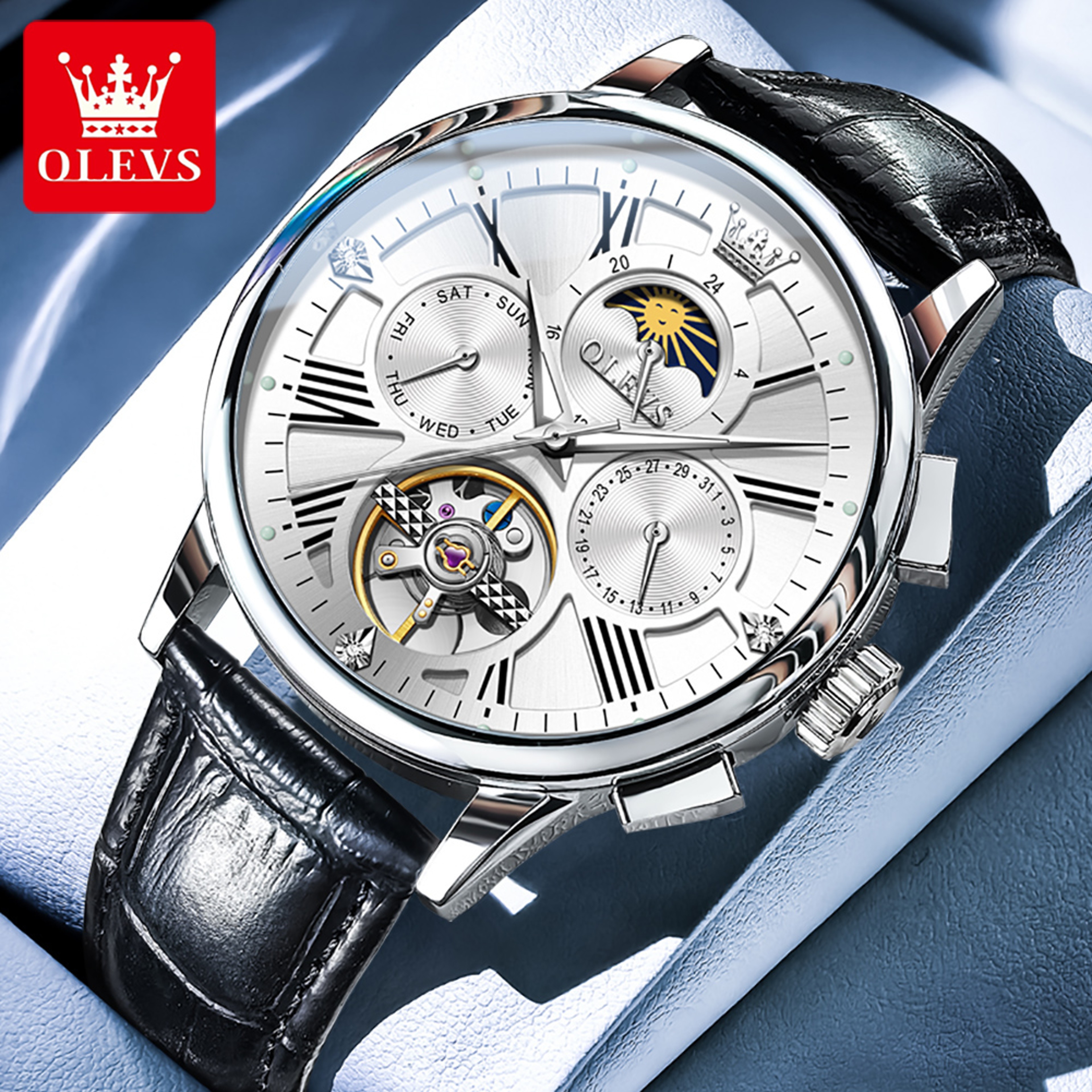 Roman Numeral Skeleton Automatic Watch With Moon Phase And Leather Strap 11