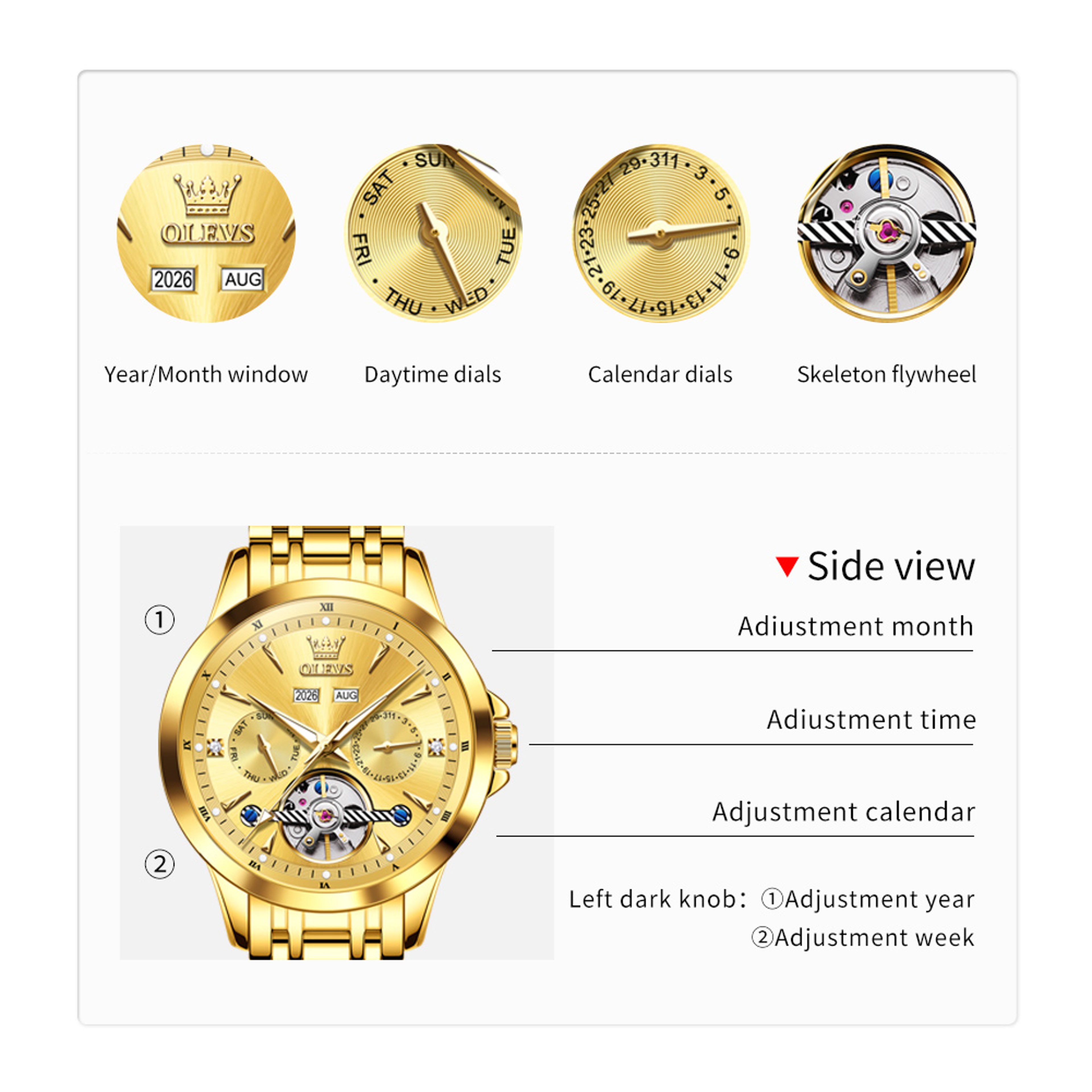 Automatic Mechanical Watch For Men With Skeleton Dial Luminous Calendar And Stainless Steel Band 3