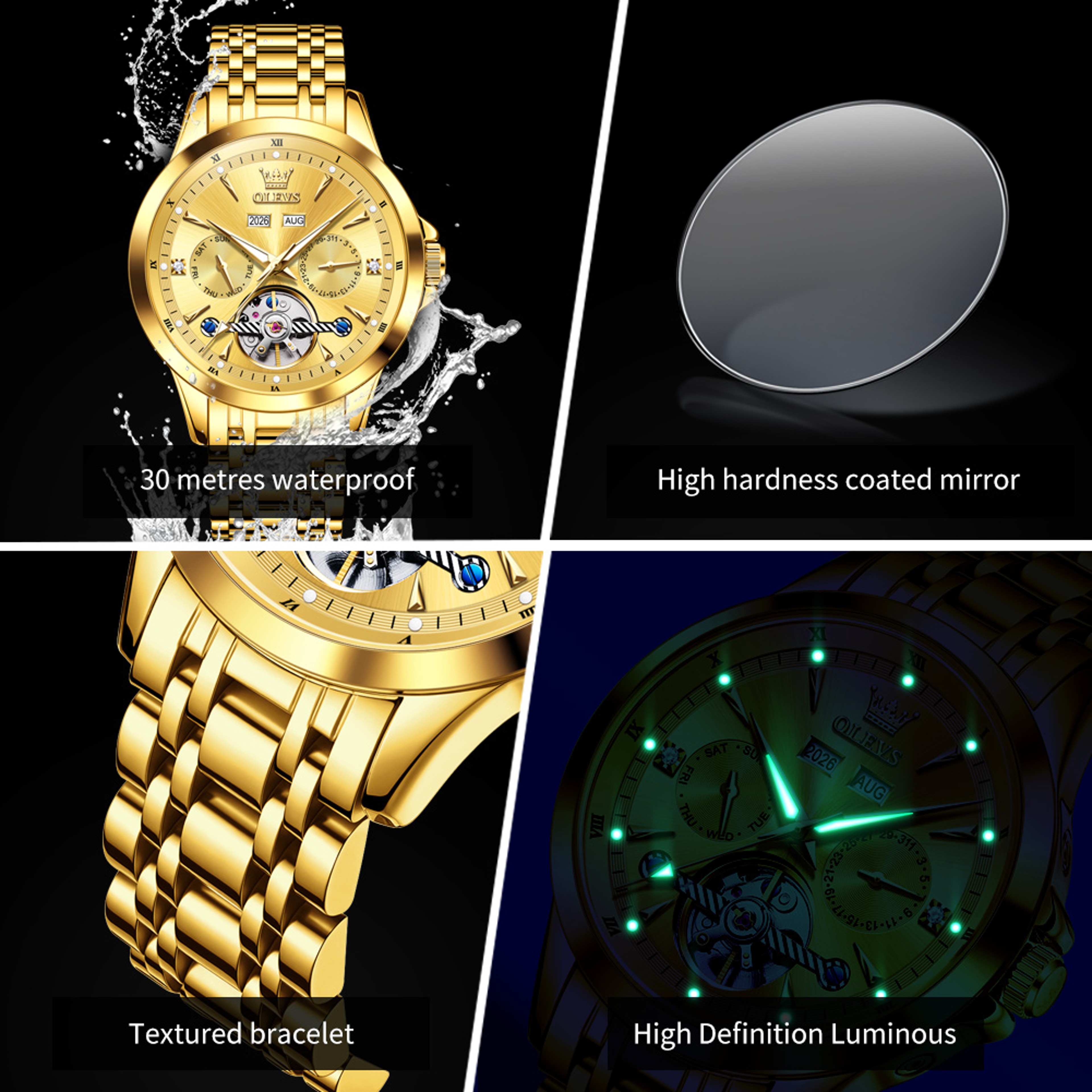 Automatic Mechanical Watch For Men With Skeleton Dial Luminous Calendar And Stainless Steel Band 4