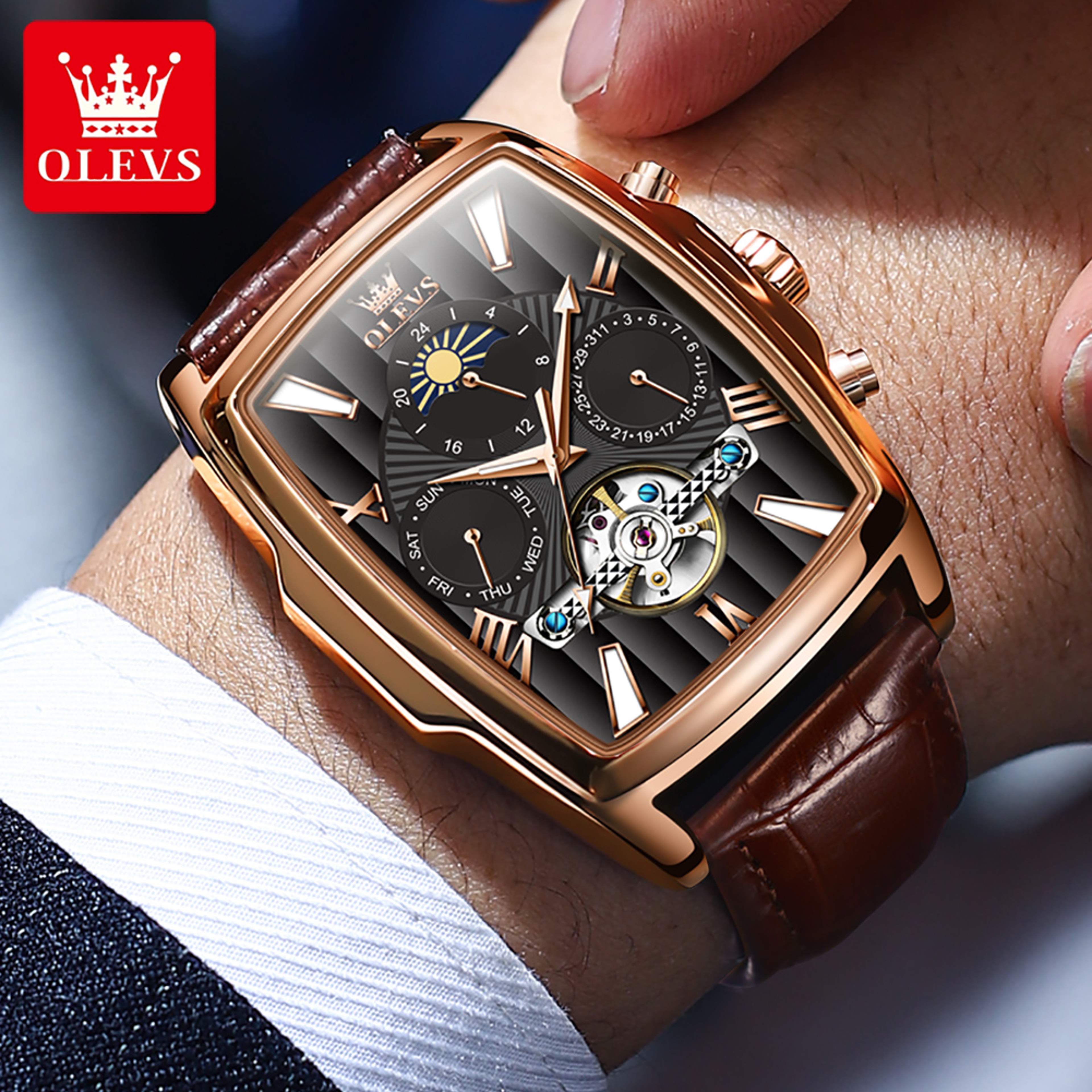 Automatic Mechanical Watch For Men With Skeleton Square Dial And Moon Phase 3
