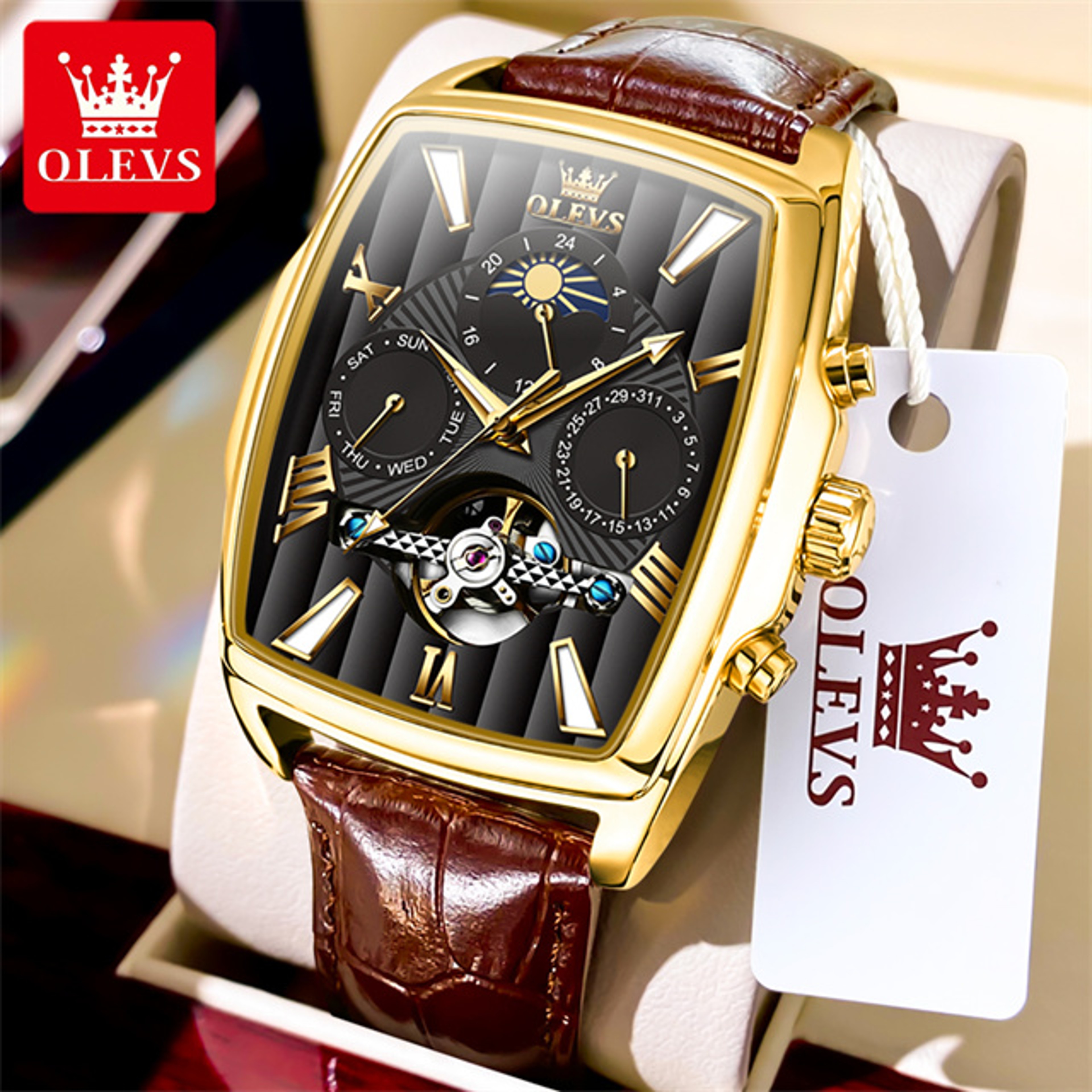 Automatic Mechanical Watch For Men With Skeleton Square Dial And Moon Phase 8