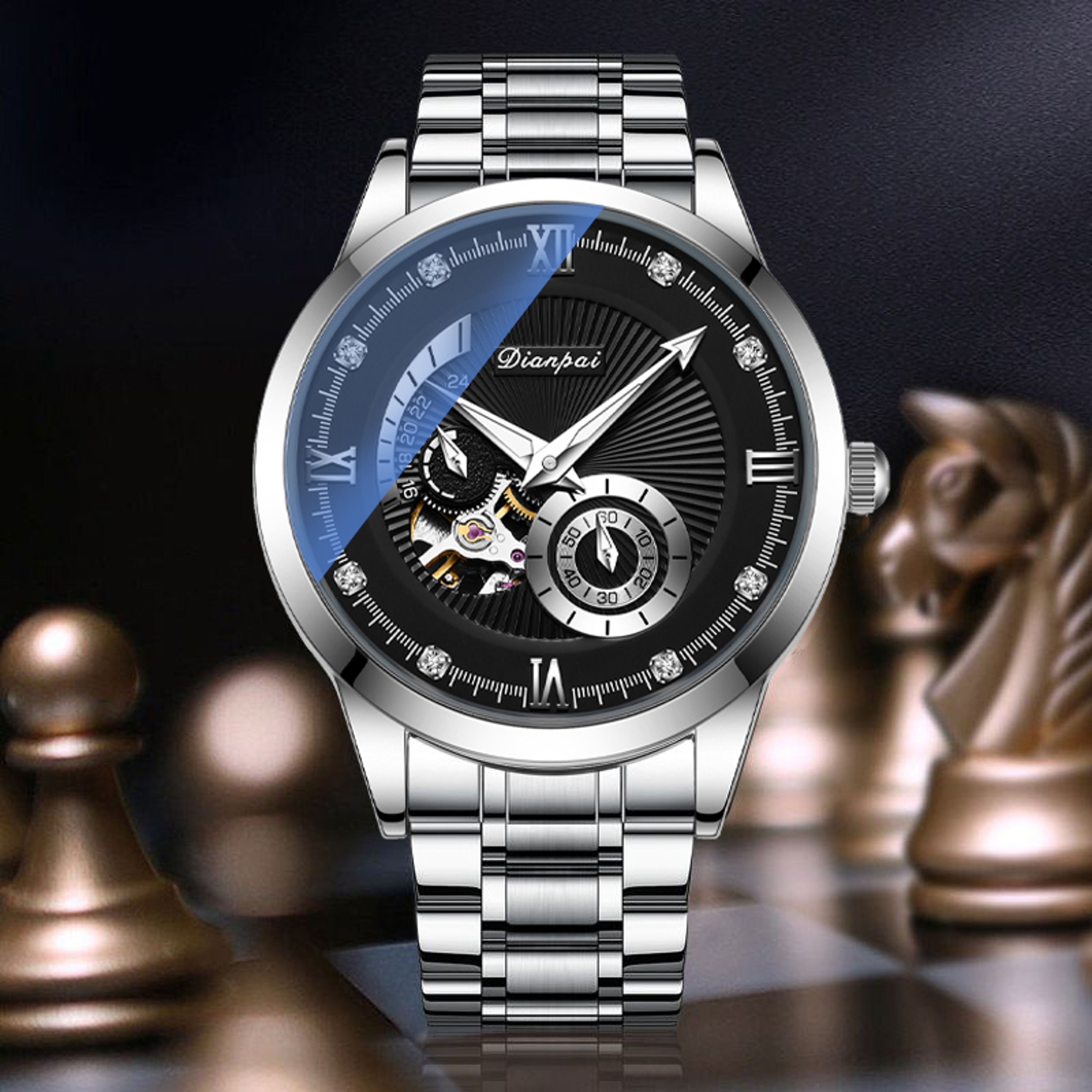 Black Warrior Automatic Mechanical Watch For Men Hollow Stainless Steel Waterproof Luxury Timepiece 6