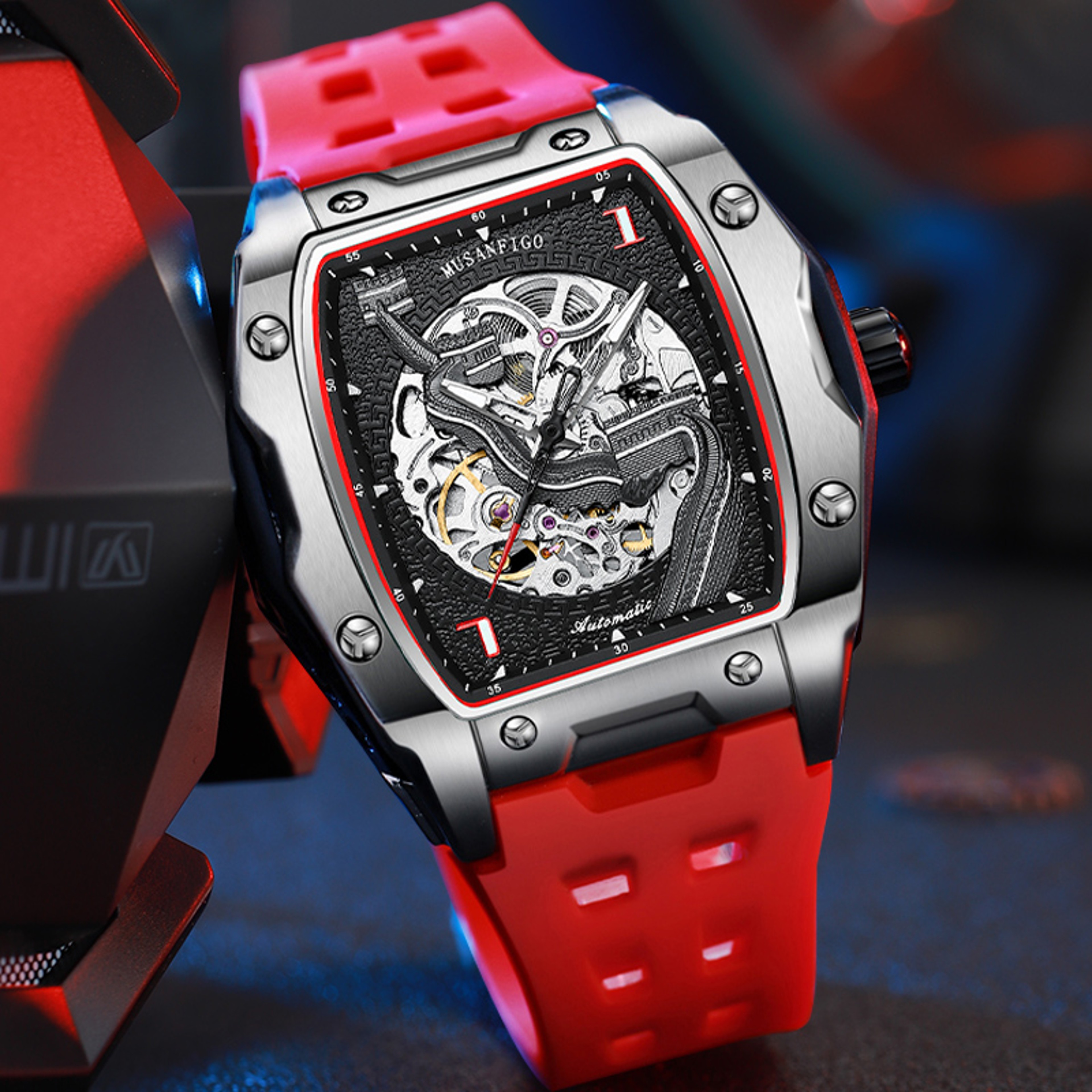 Luxury Tonneau Skeleton Automatic Mechanical Watch For Men Waterproof Luminous Wristwatch 0