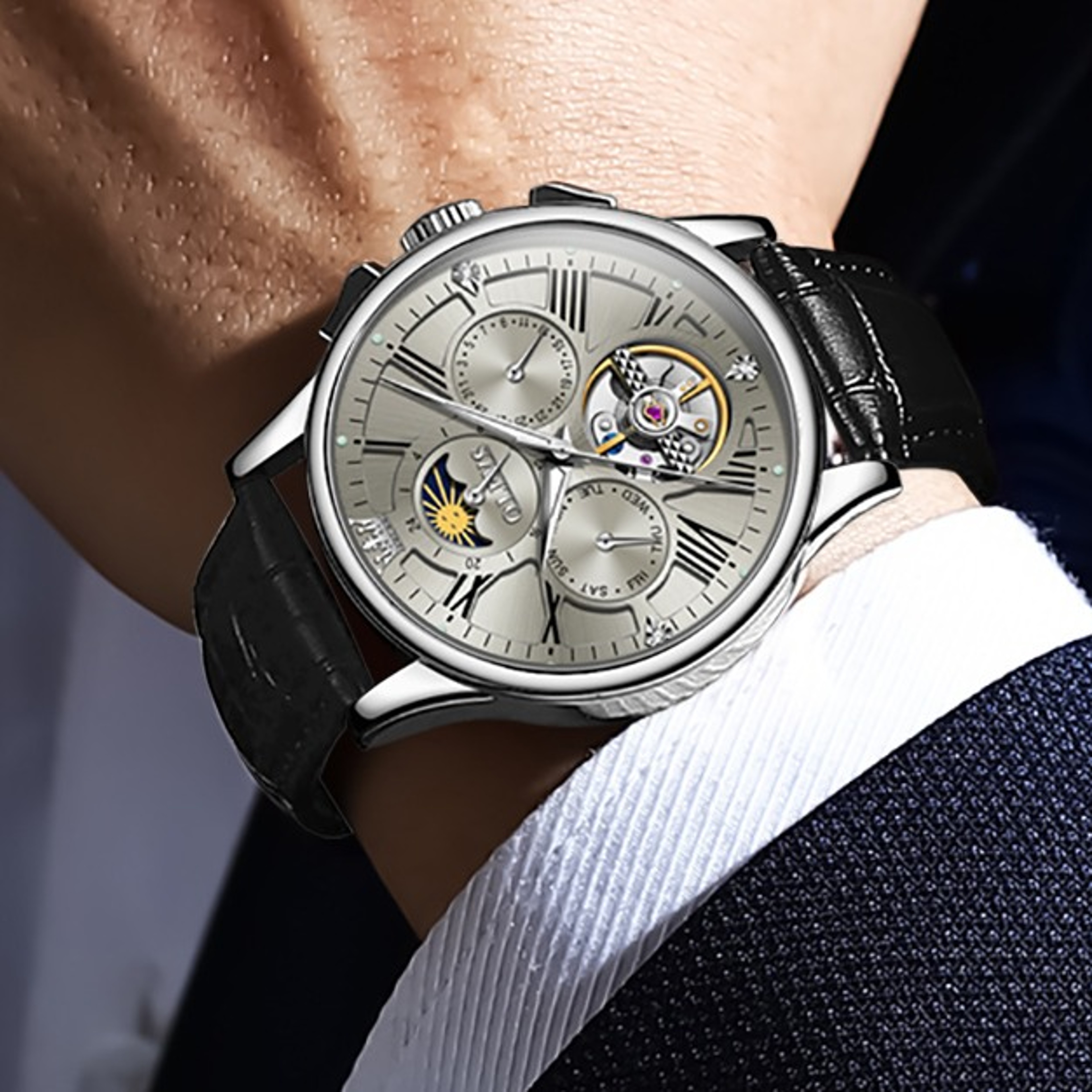 Roman Numeral Skeleton Automatic Watch with Moon Phase and Leather Strapjpg
