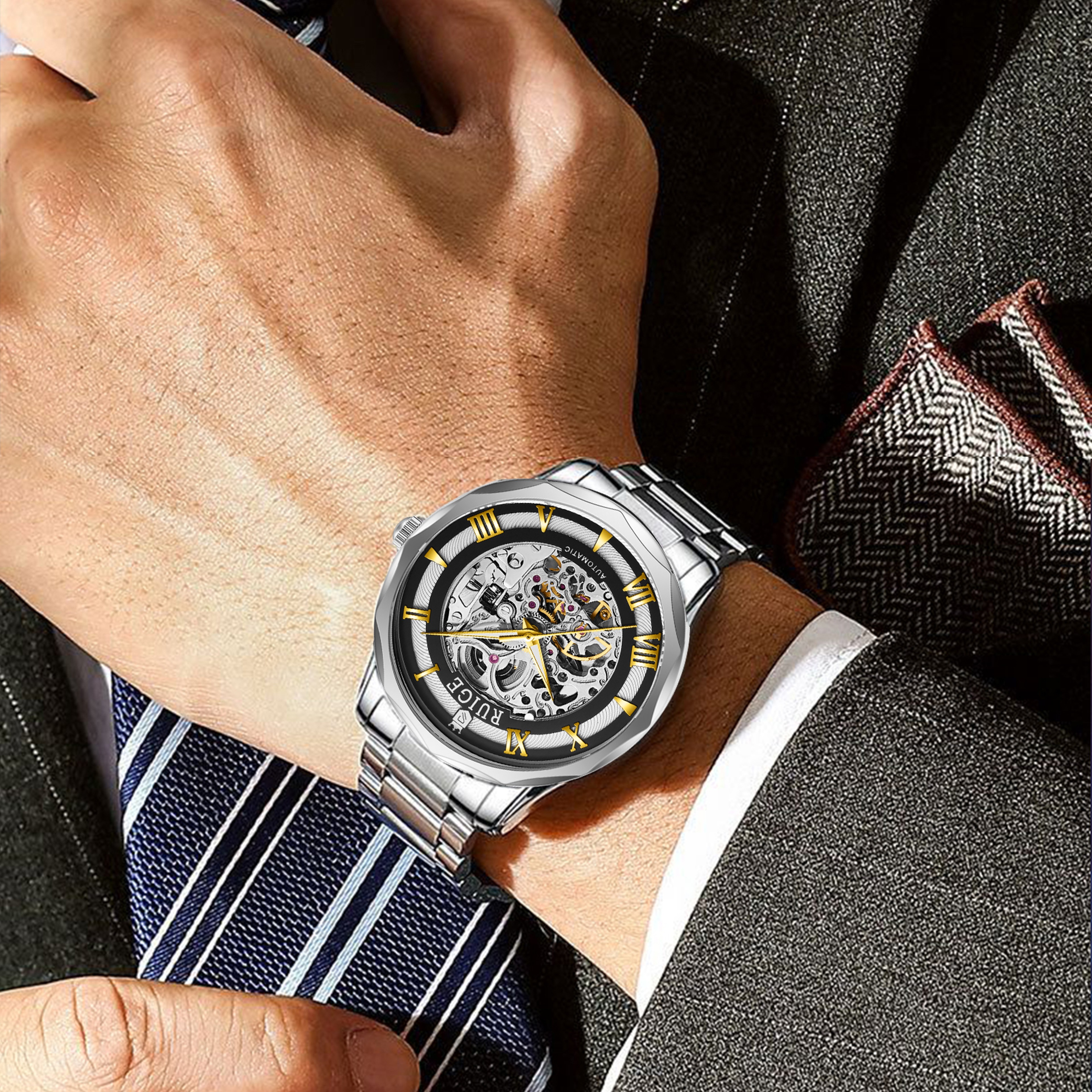 Double Sided Hollow Automatic Mechanical Watch For Men Stainless Steel Waterproof Fashion Timepiece 5