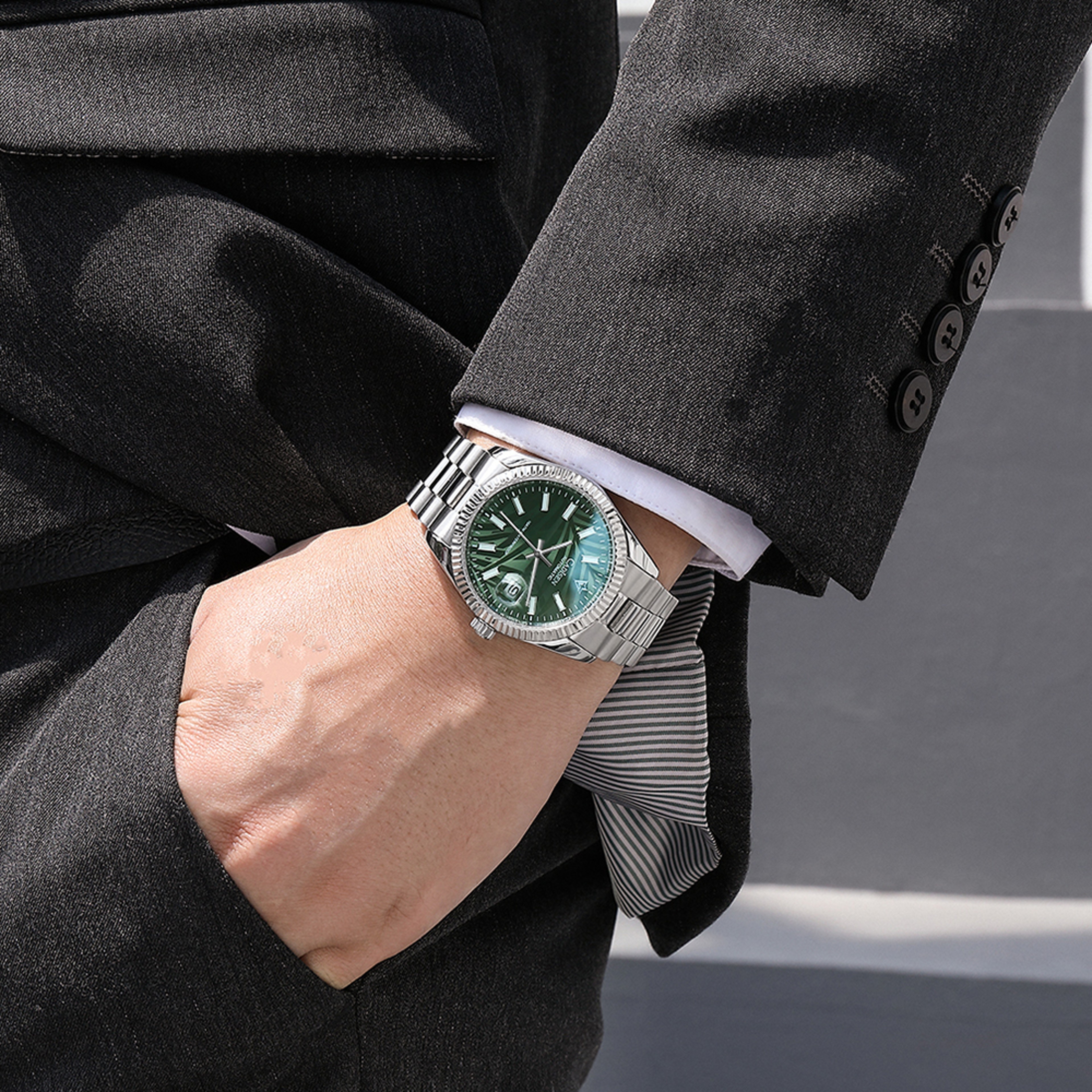 Palm Leaf Dial Automatic Mechanical Watch Men Luxury Olive Green Wristwatch 5