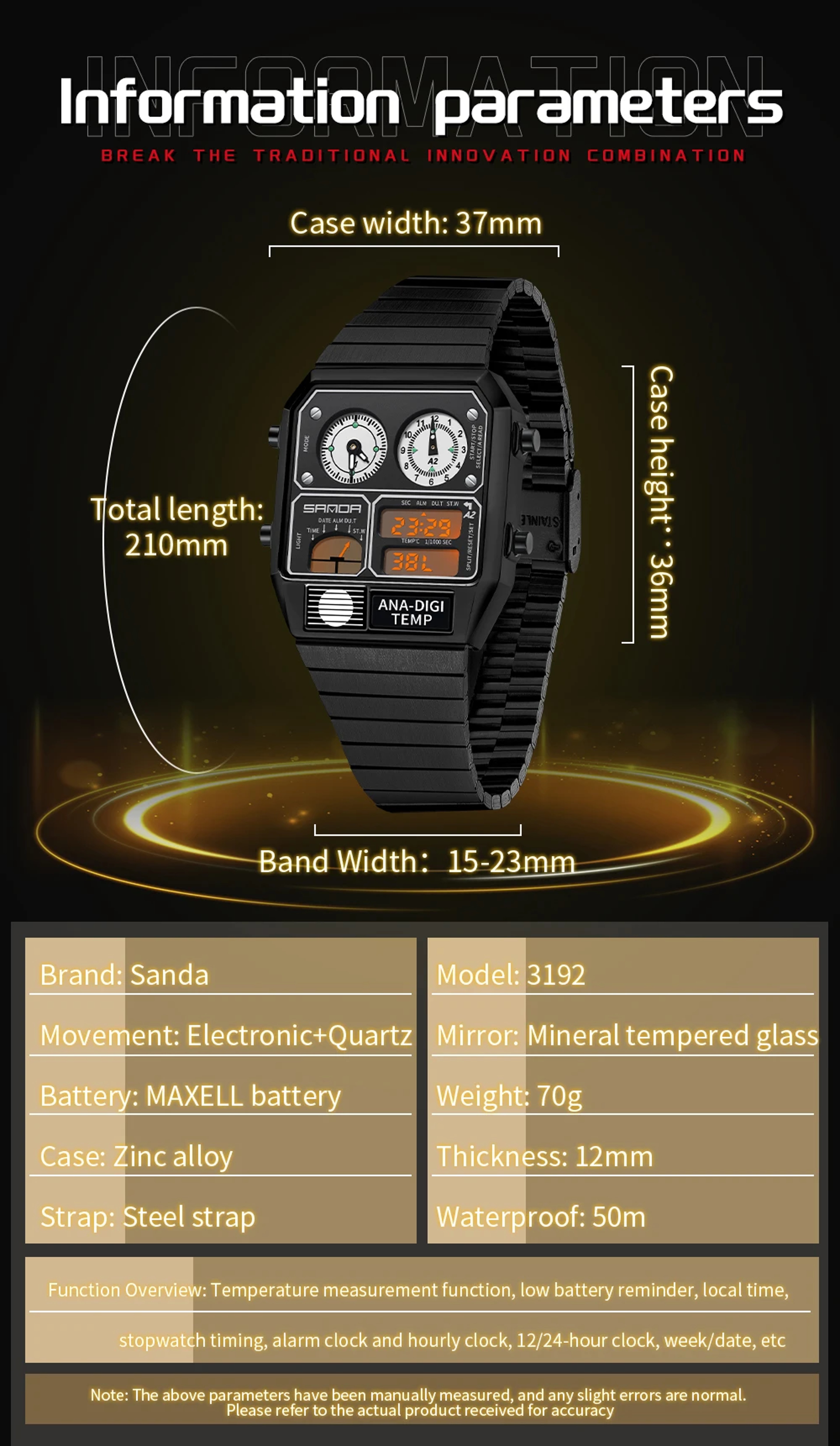 Square Digital Watch For Men With Thermometer Stopwatch Multifunction Sports Wristwatch 3