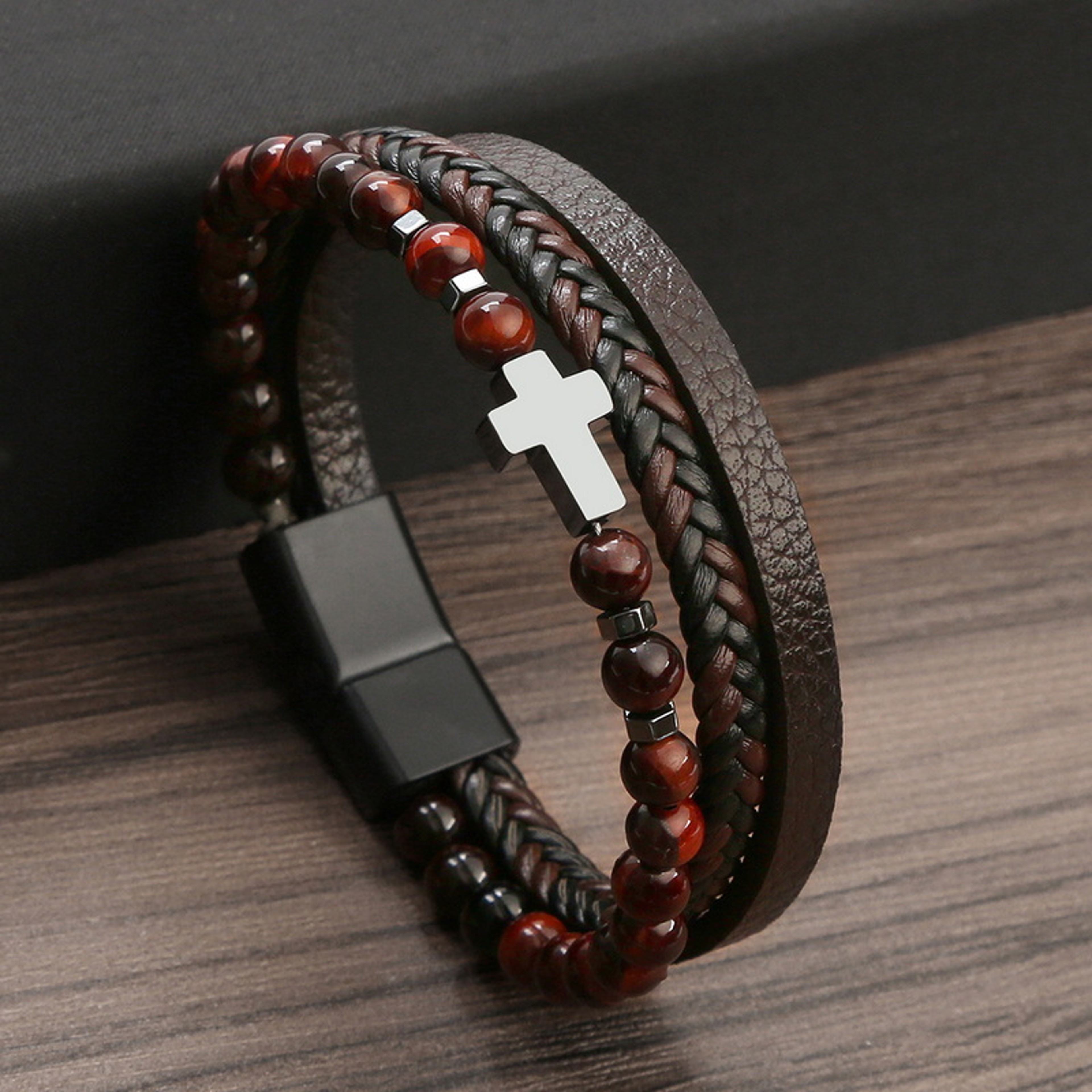 Natural Stone Bead Prayer Bracelet Multilayer Leather Rosary Cross Jewelry – view 1