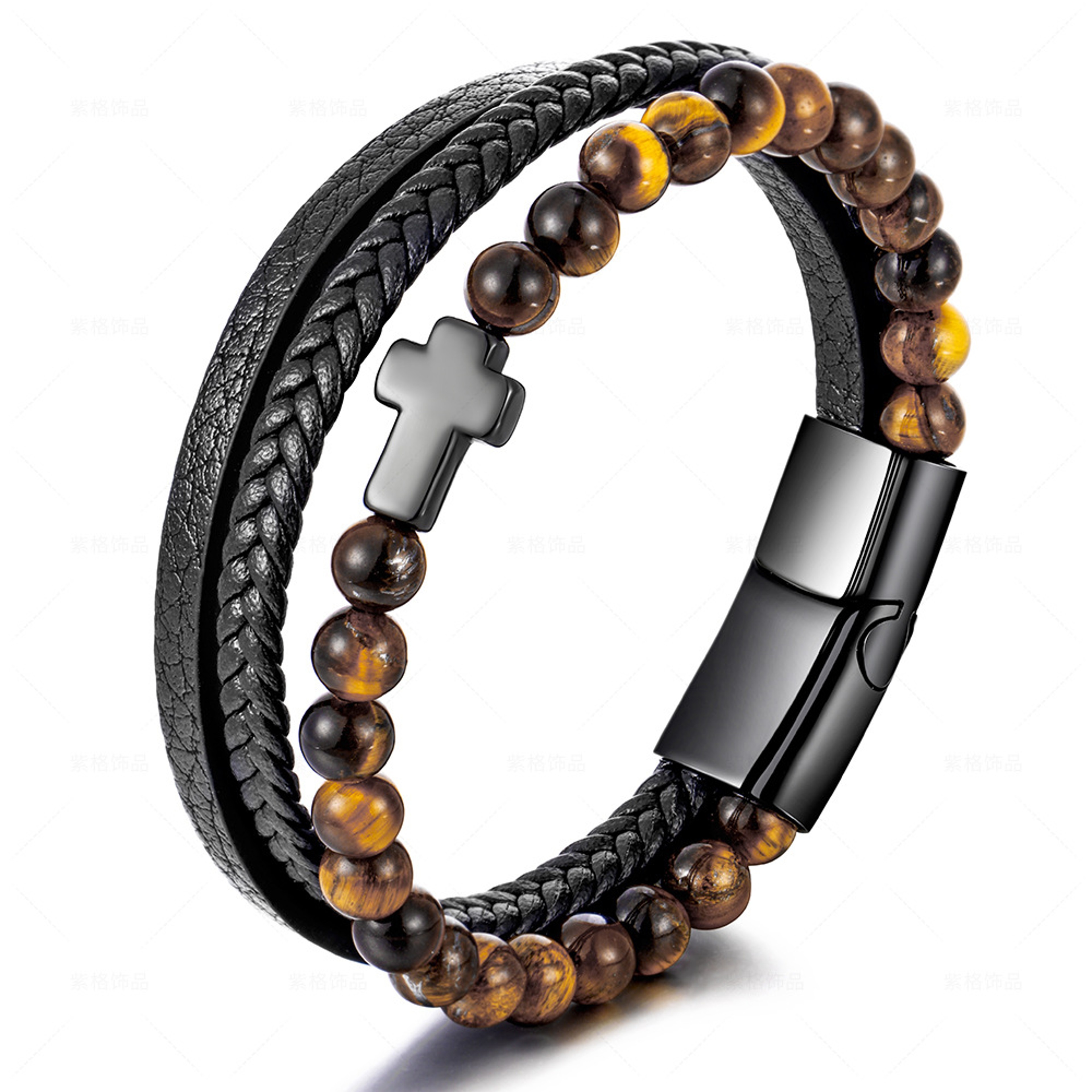 Natural Stone Bead Prayer Bracelet Multilayer Leather Rosary Cross Jewelry – view 2