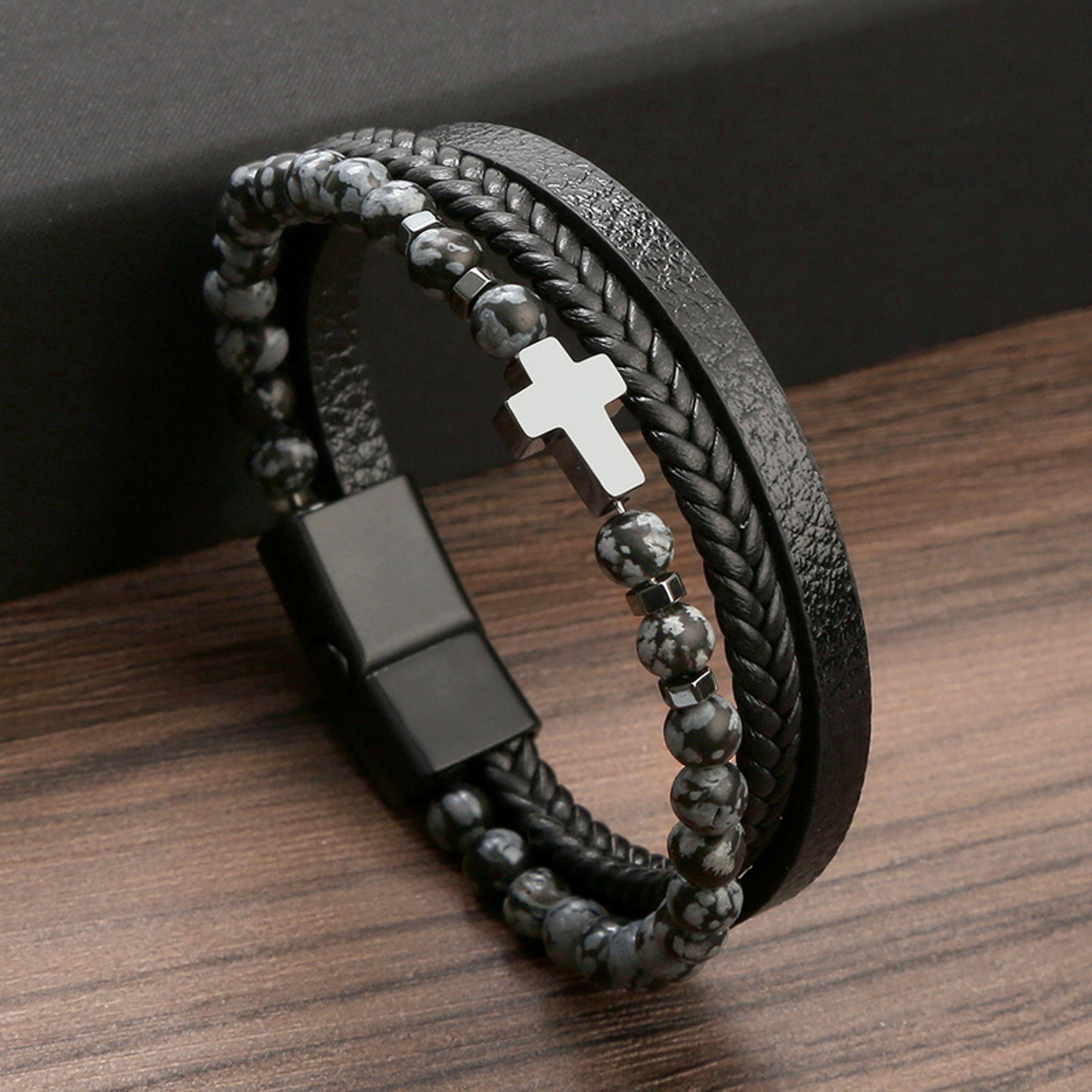 Natural Stone Bead Prayer Bracelet Multilayer Leather Rosary Cross Jewelry – view 4