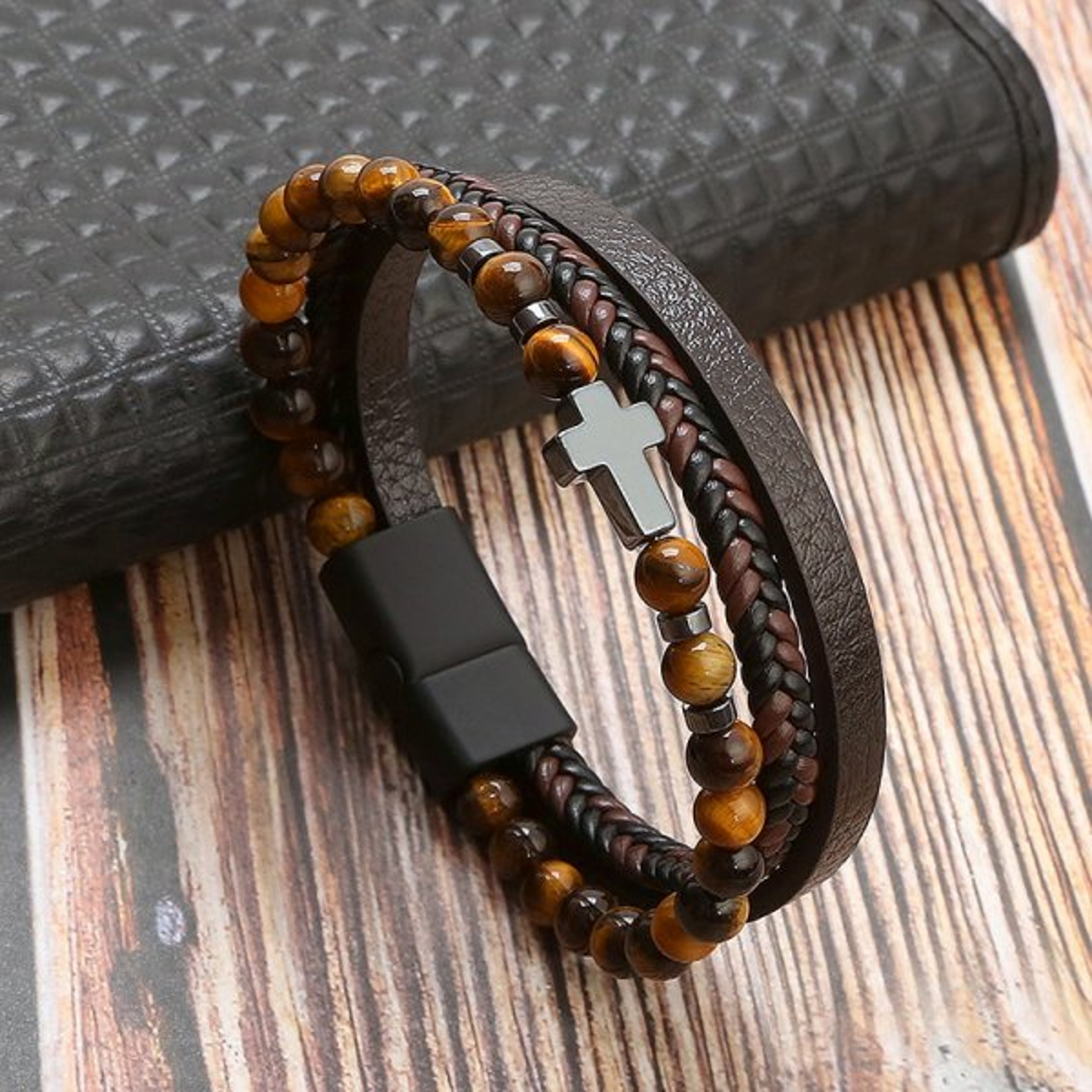 Natural Stone Bead Prayer Bracelet Multilayer Leather Rosary Cross Jewelry – view 13