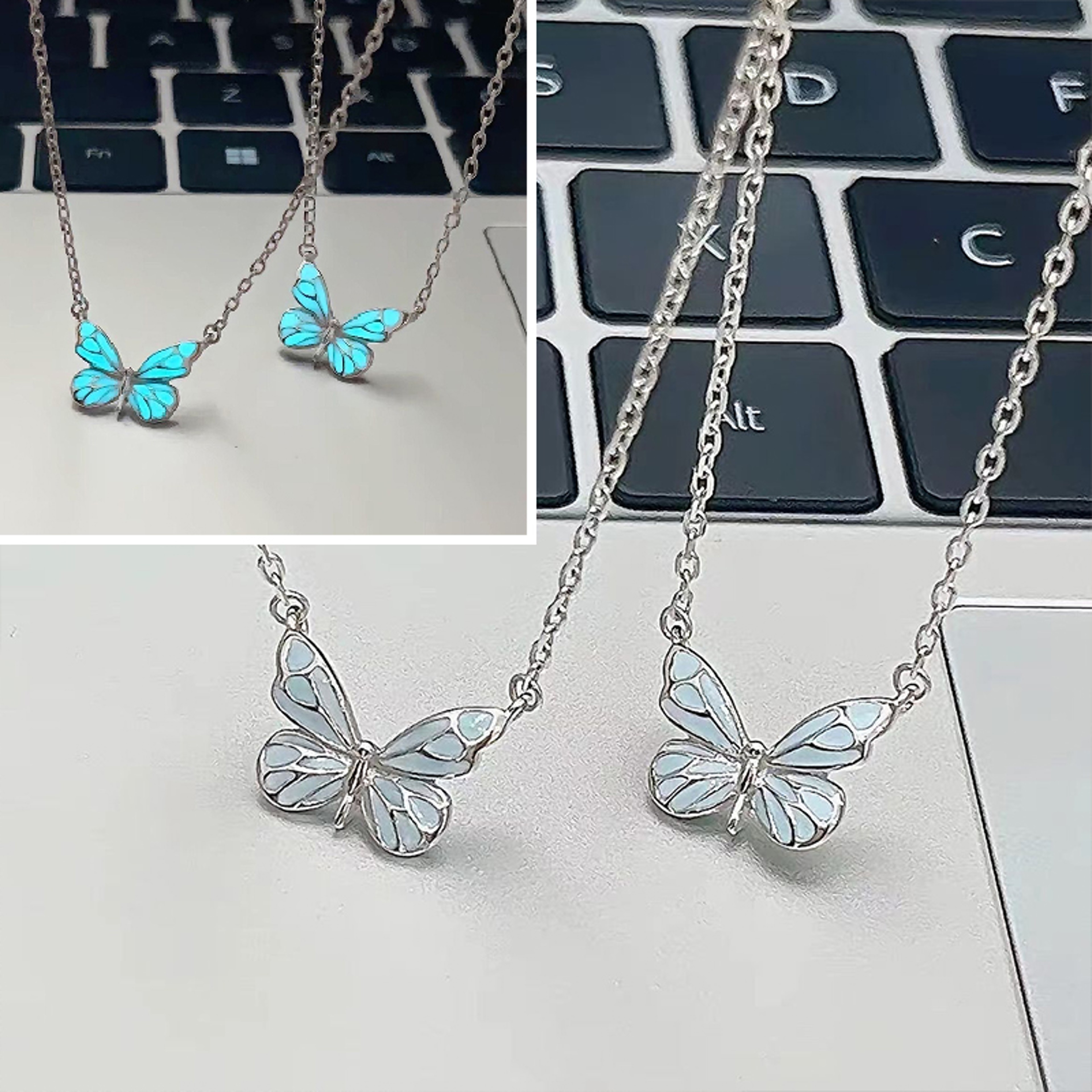 Blue Luminous Butterfly Necklace Bracelet Set For Women Glow In The Dark Jewelry Gift 1