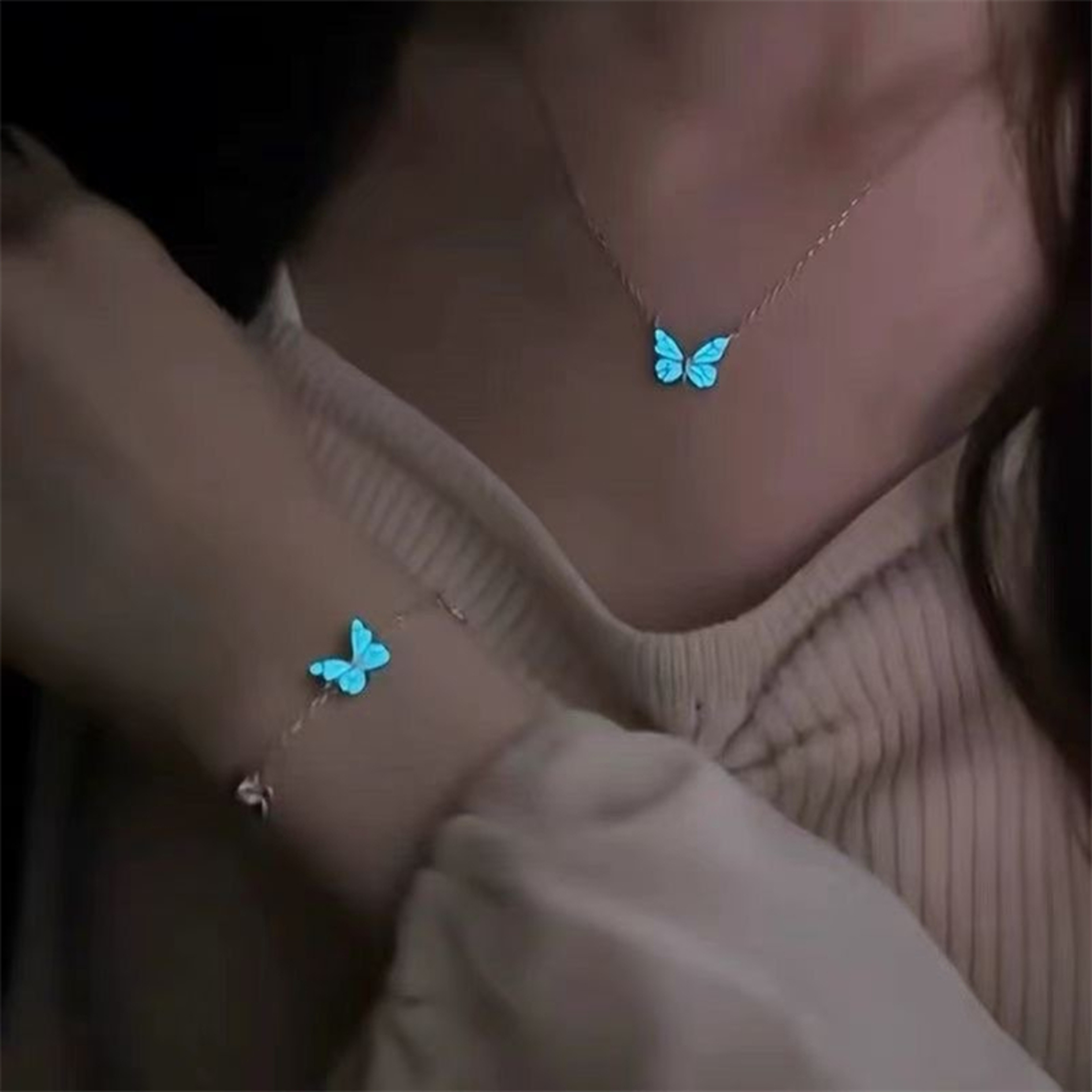 Blue Luminous Butterfly Necklace Bracelet Set For Women Glow In The Dark Jewelry Gift 5