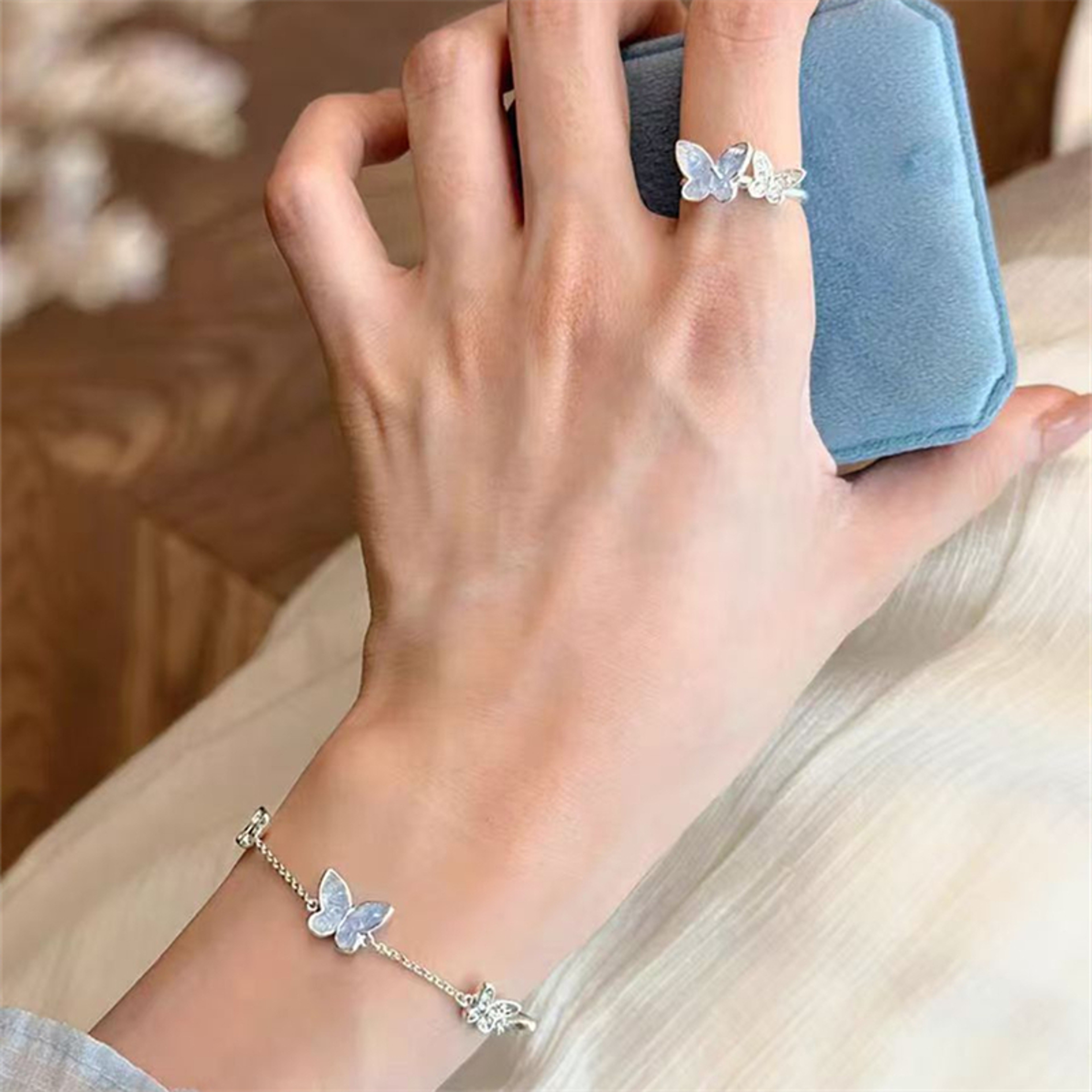 Crystal Butterfly Jewelry Set For Women Silver Tone Necklace Bracelet Earrings Ring 4
