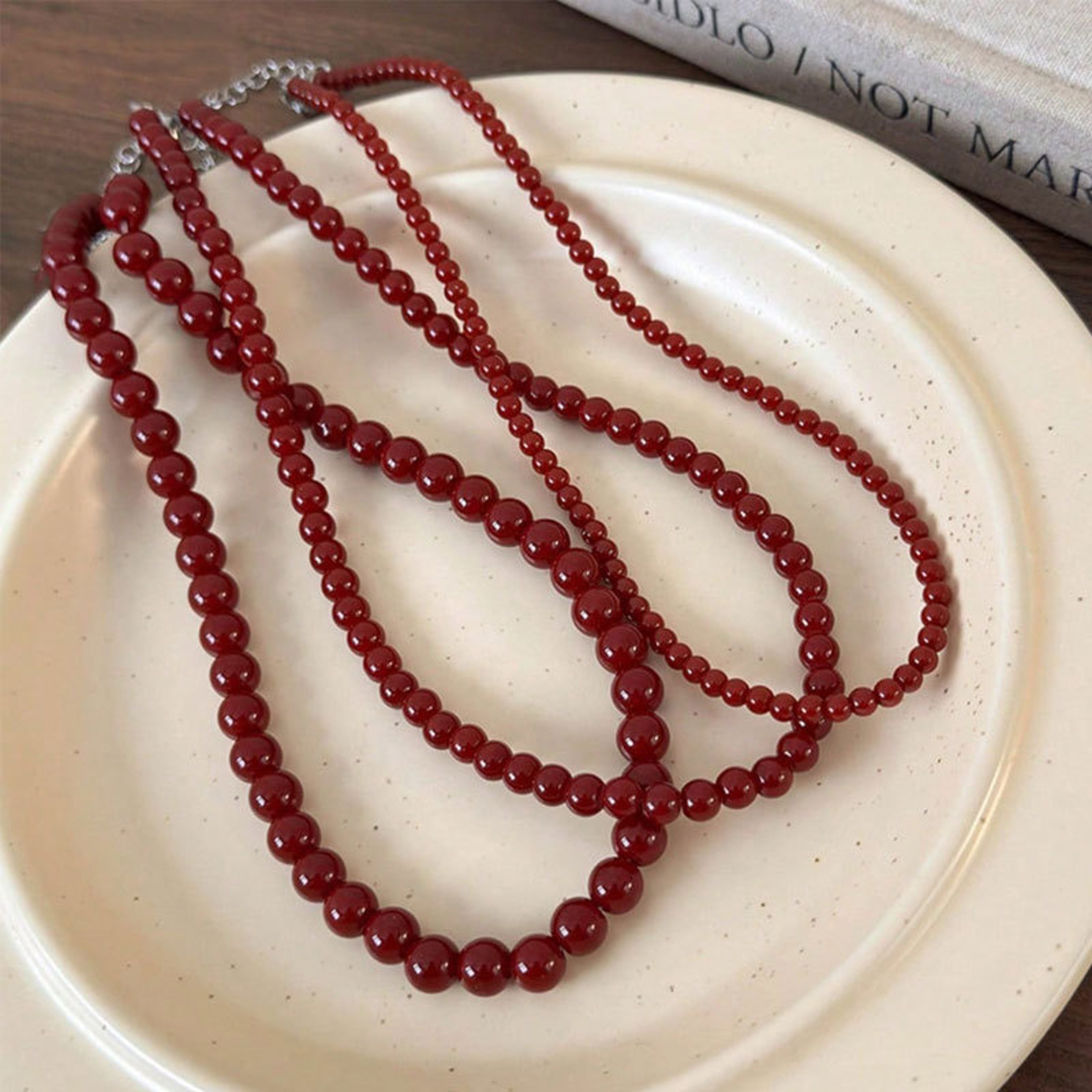 Red Glass Bead Choker Necklace For Women Silver Plated Chain Jewelry 0