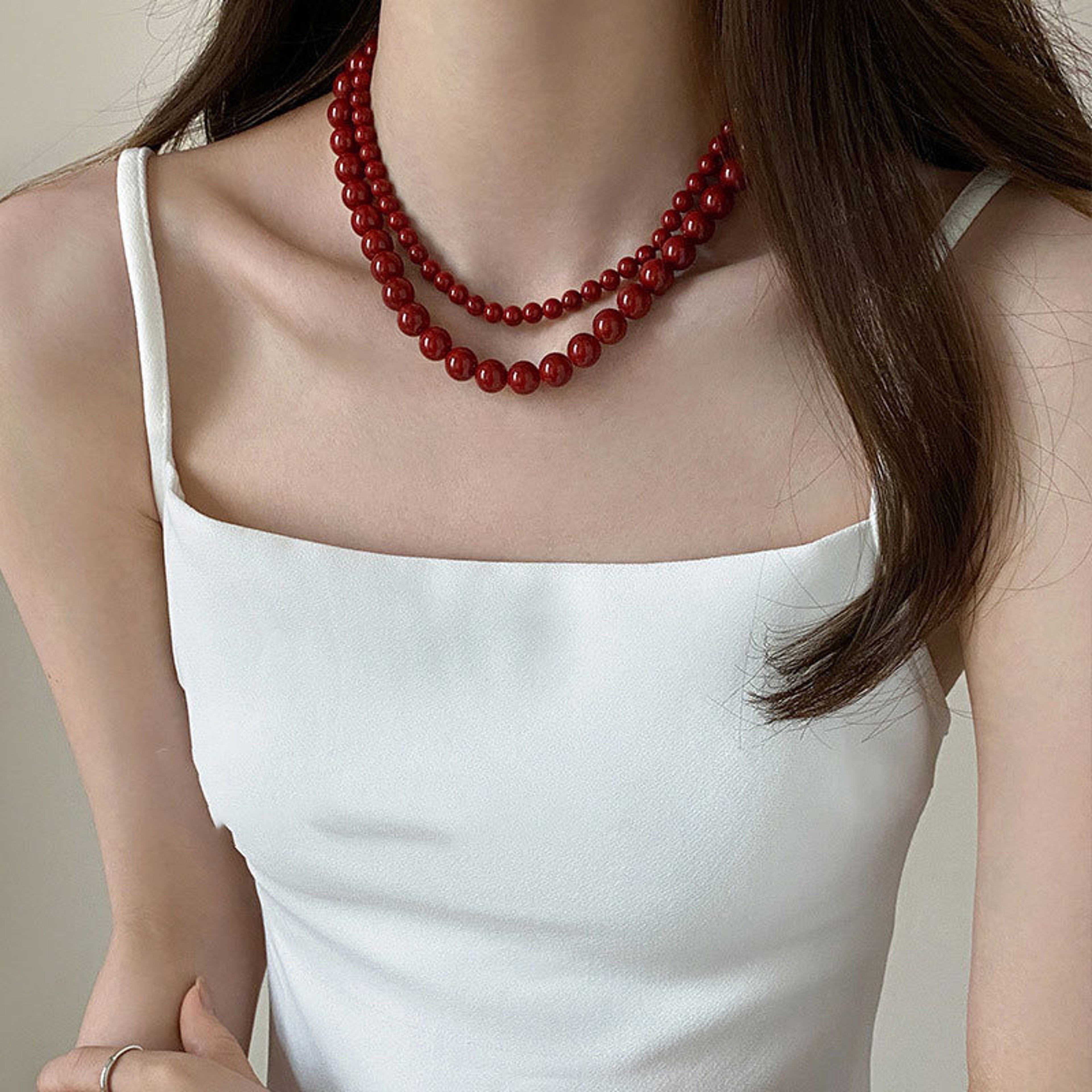 Red Glass Bead Choker Necklace For Women Silver Plated Chain Jewelry 1