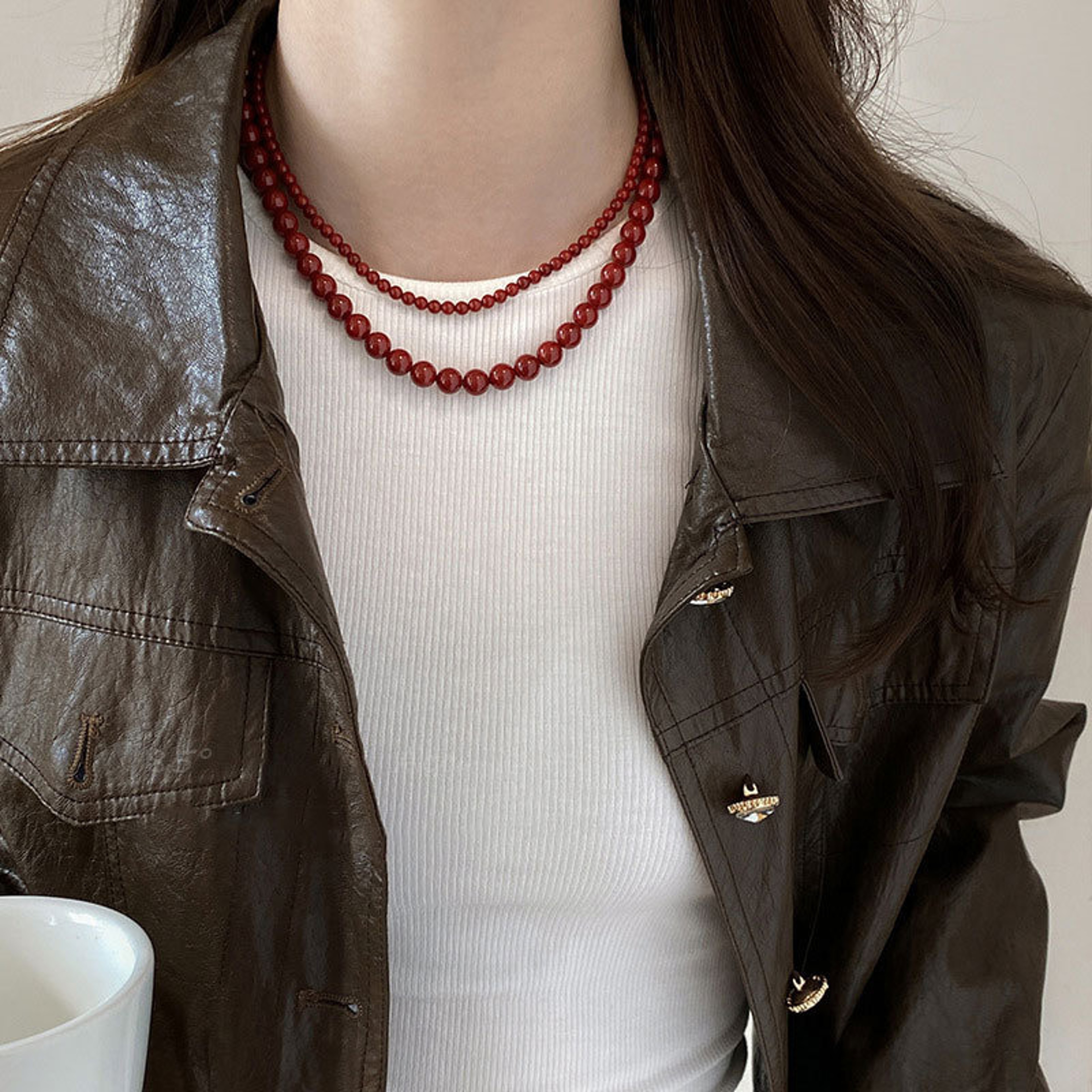 Red Glass Bead Choker Necklace For Women Silver Plated Chain Jewelry 2