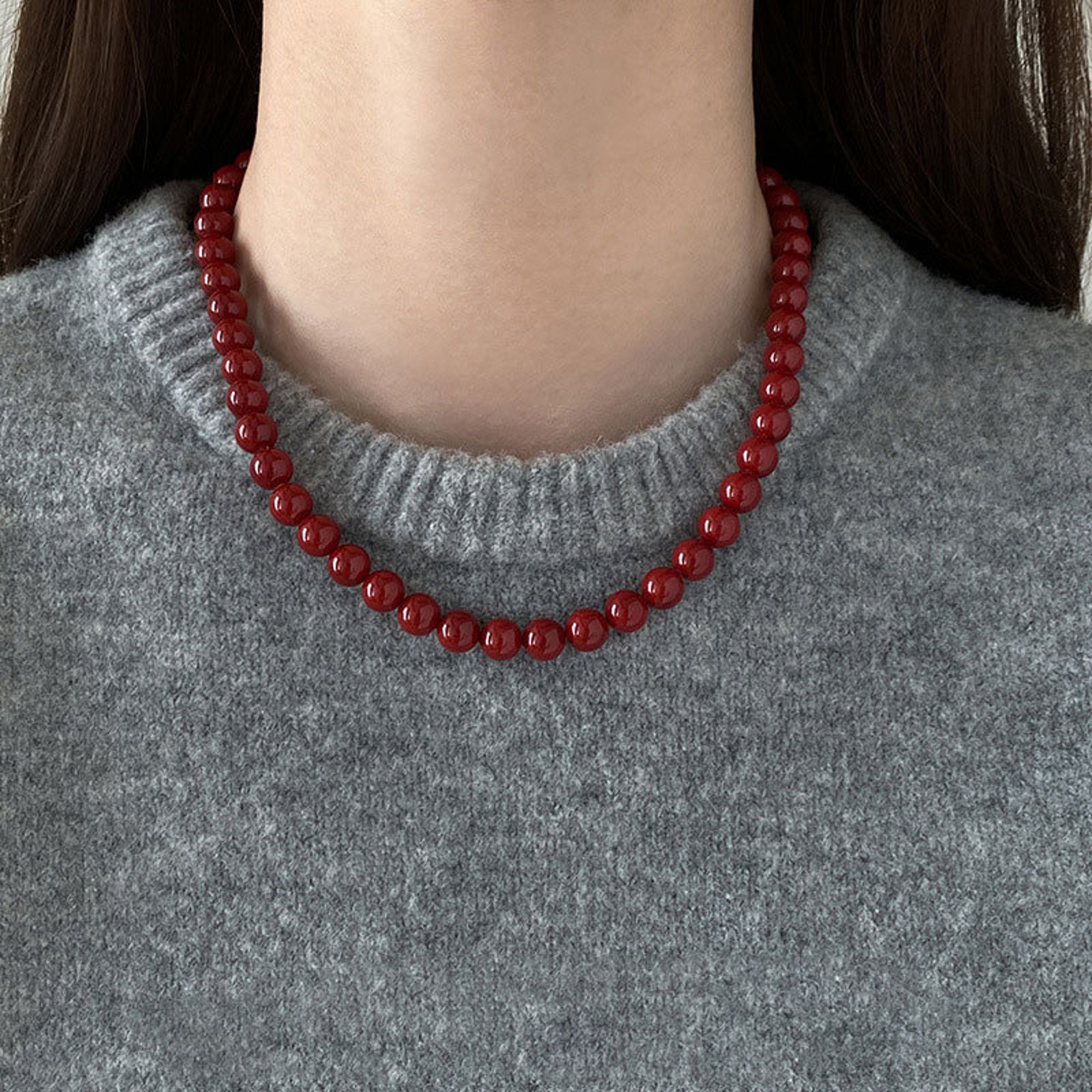 Red Glass Bead Choker Necklace For Women Silver Plated Chain Jewelry 4