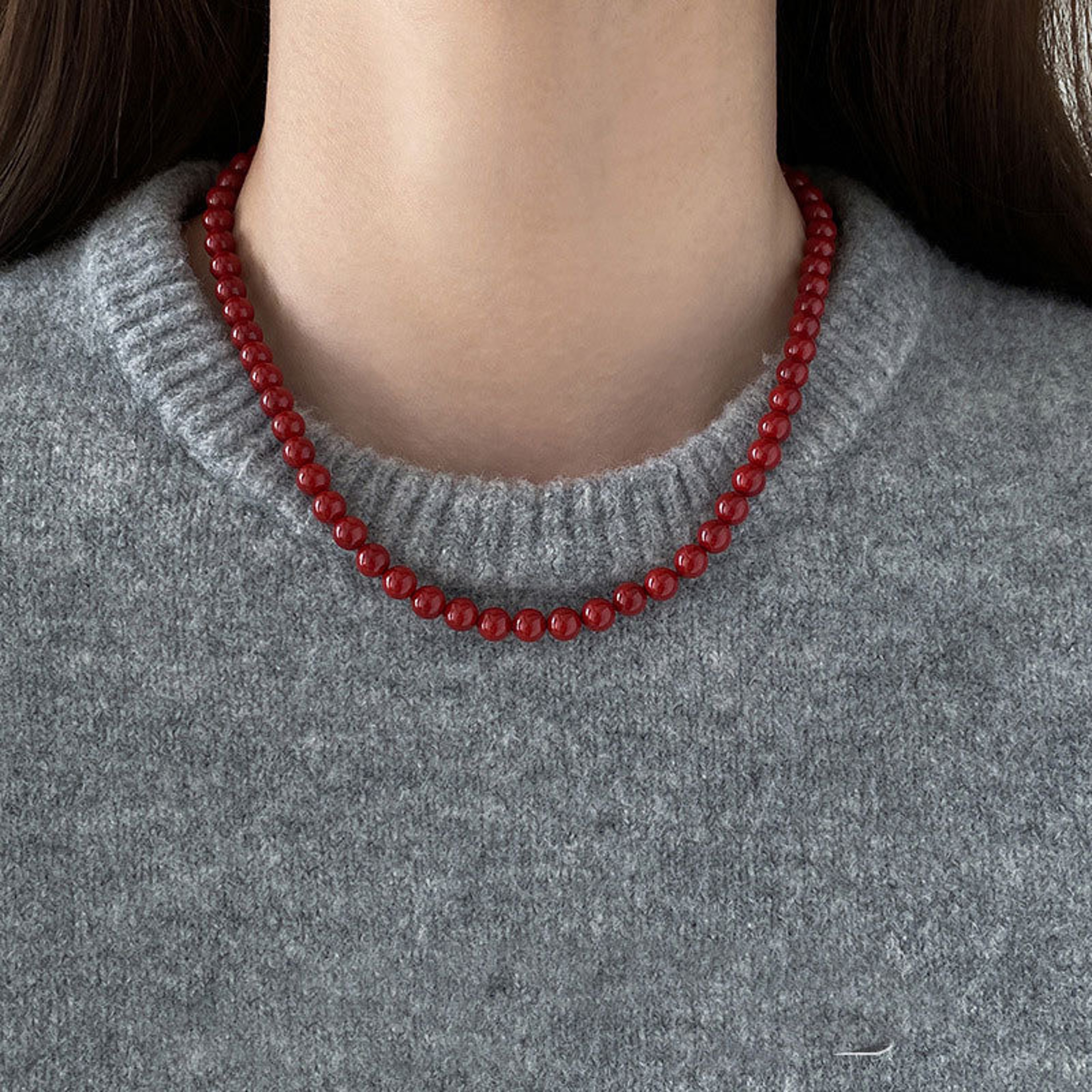 Red Glass Bead Choker Necklace For Women Silver Plated Chain Jewelry 5