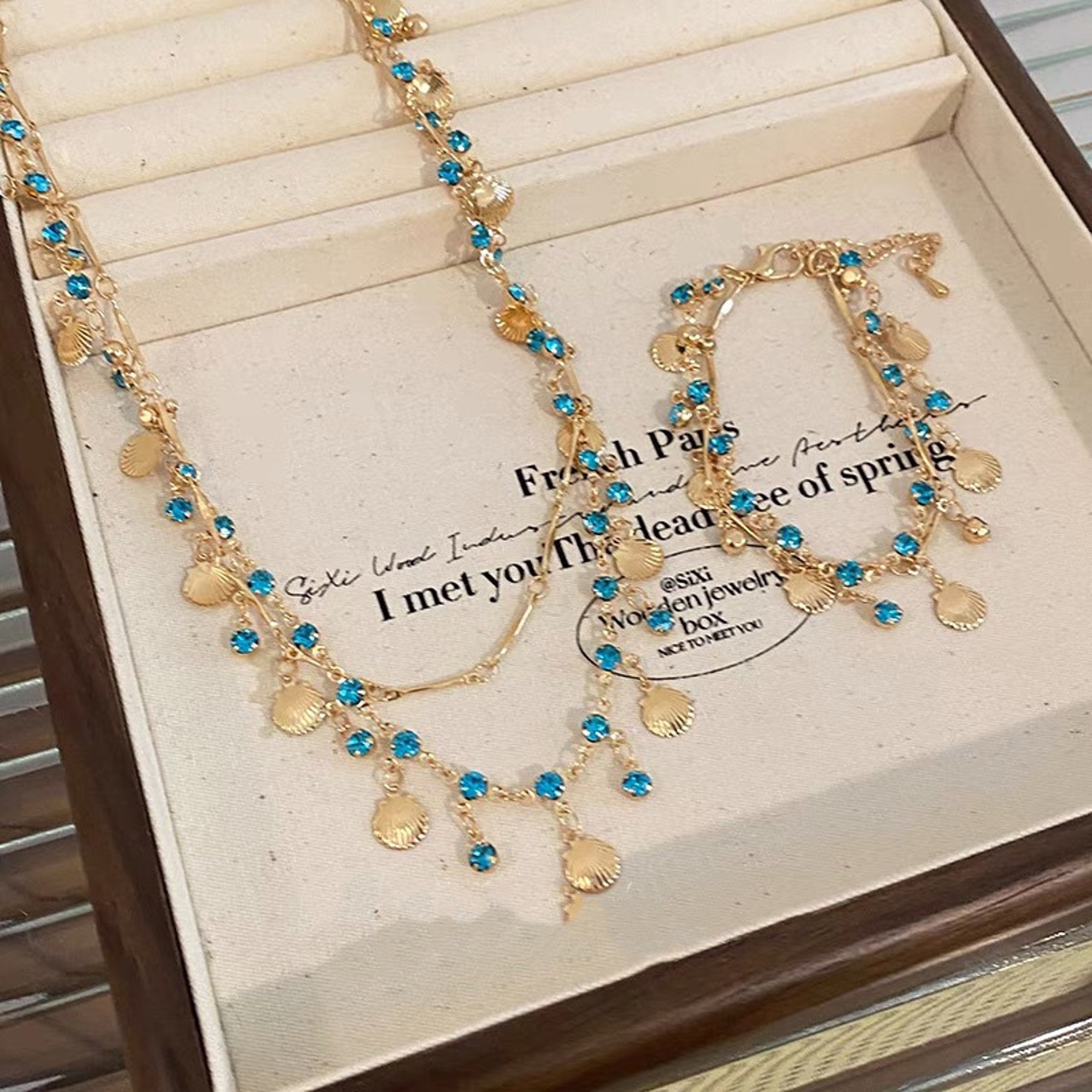 Elegant Gold Shell Blue Tear Crystal Choker Necklace Bracelet Set For Women Wedding Jewelry Gift – view 1