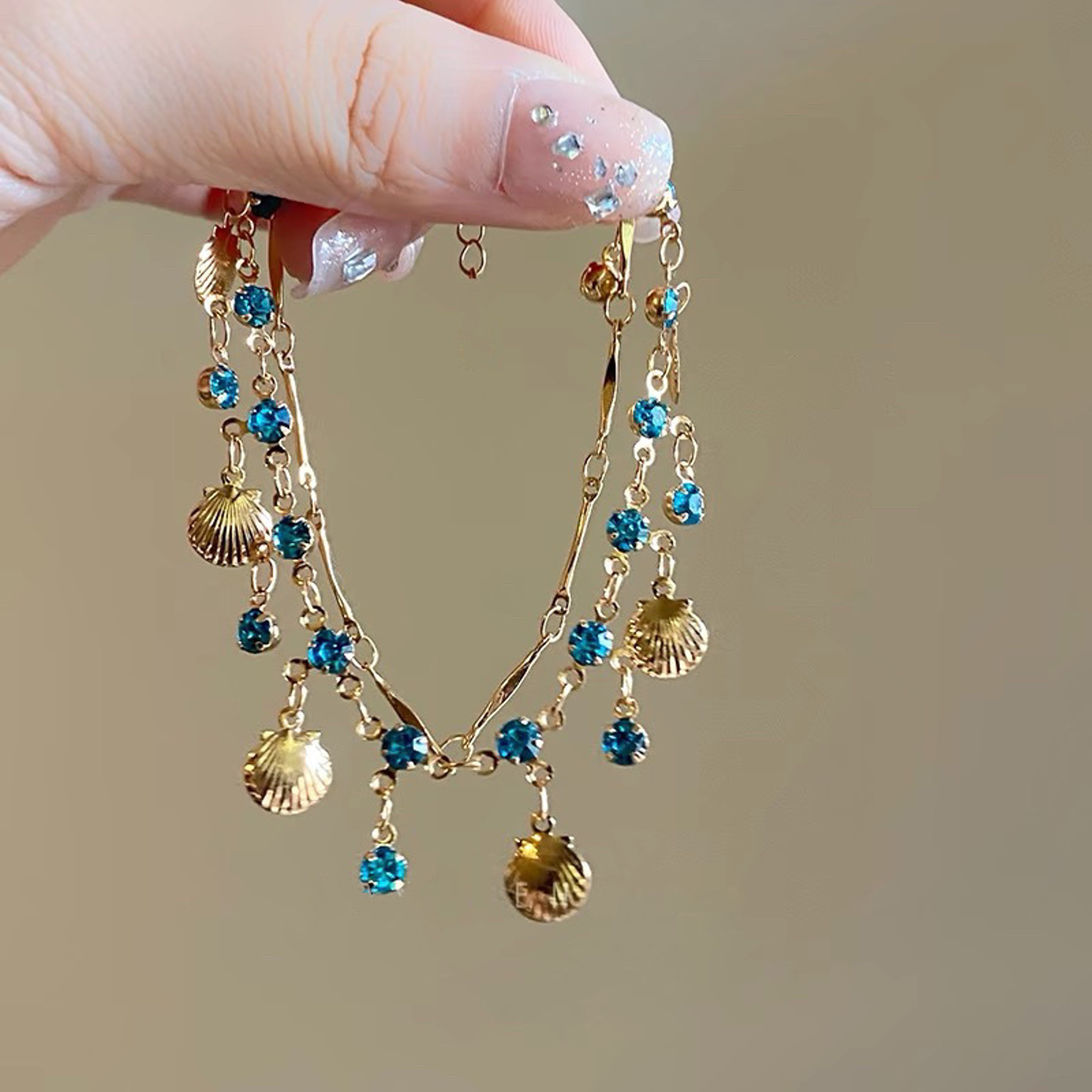 Elegant Gold Shell Blue Tear Crystal Choker Necklace Bracelet Set For Women Wedding Jewelry Gift – view 8