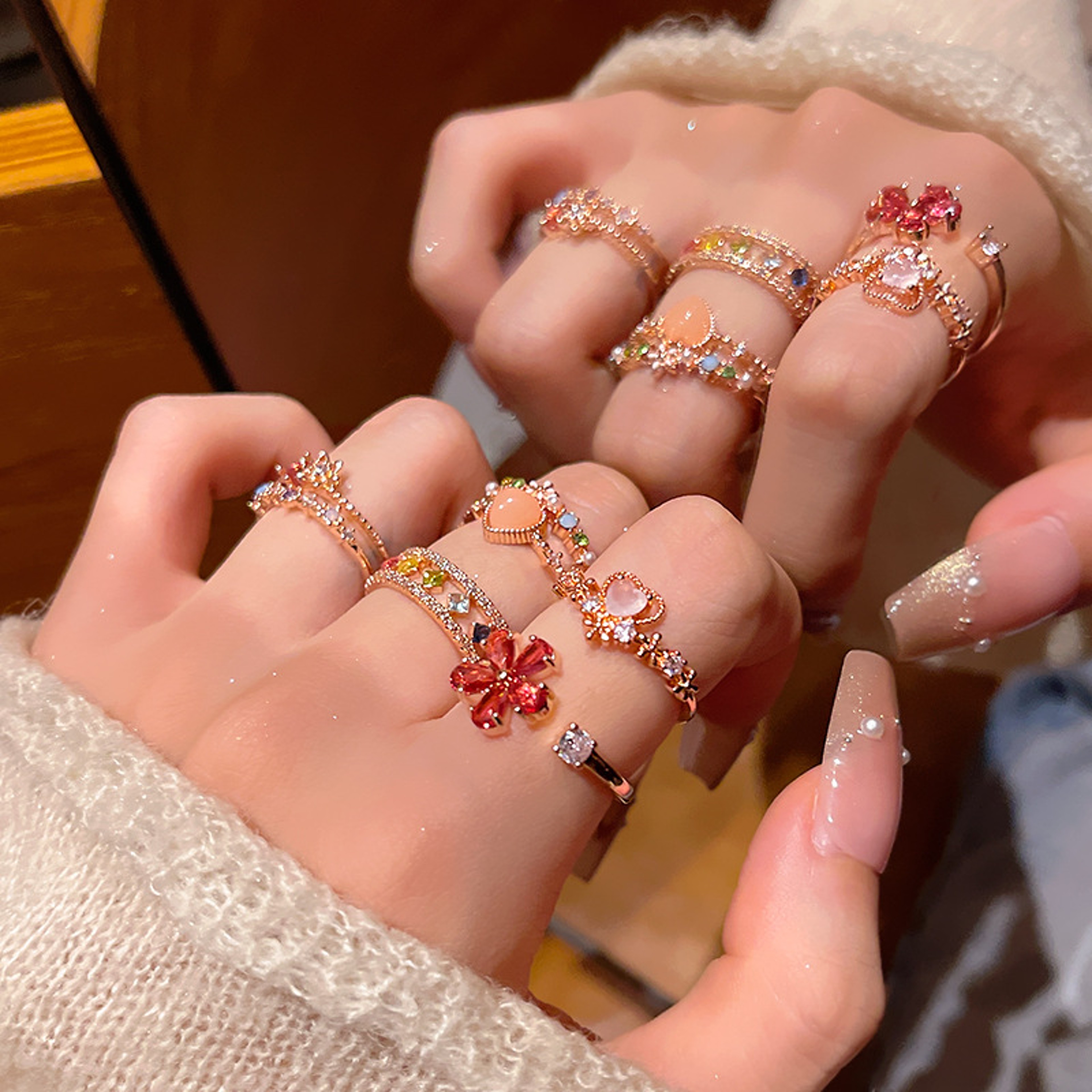 Flower Ring For Women Elegant Rhinestone Crystal Open Ring Romantic Jewelry Gift 0