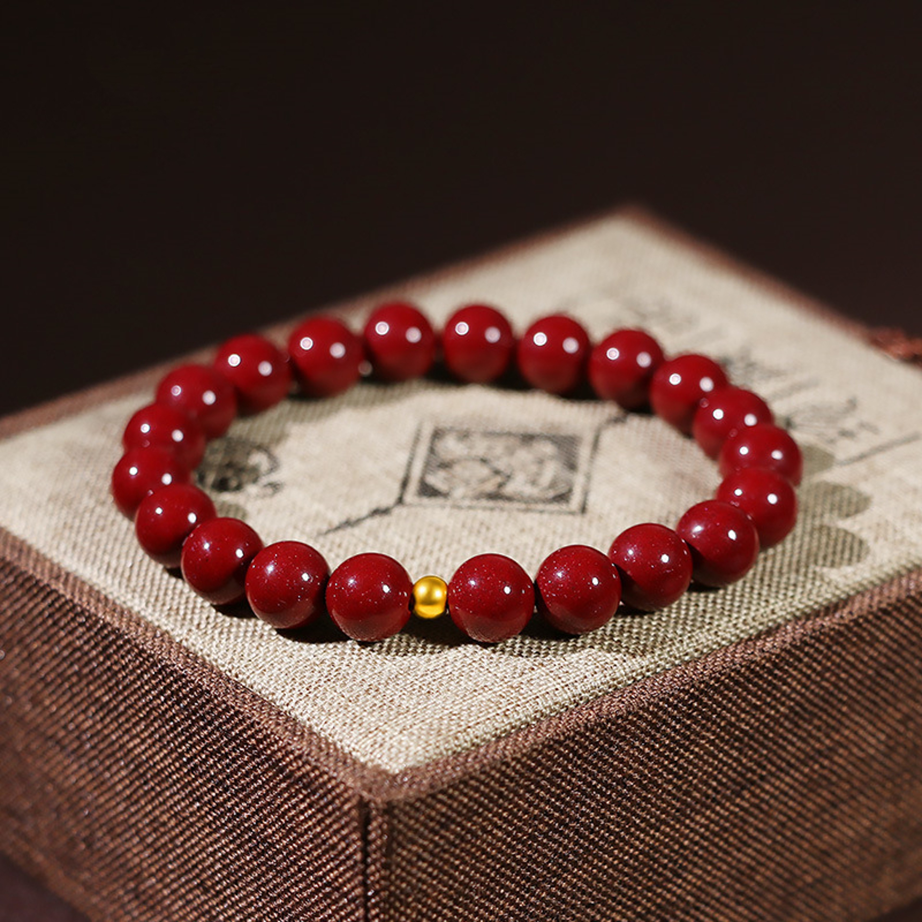 Lucky Cinnabar Red Gold Beaded Bracelet Natural Stone Charm Jewelry Gift 0