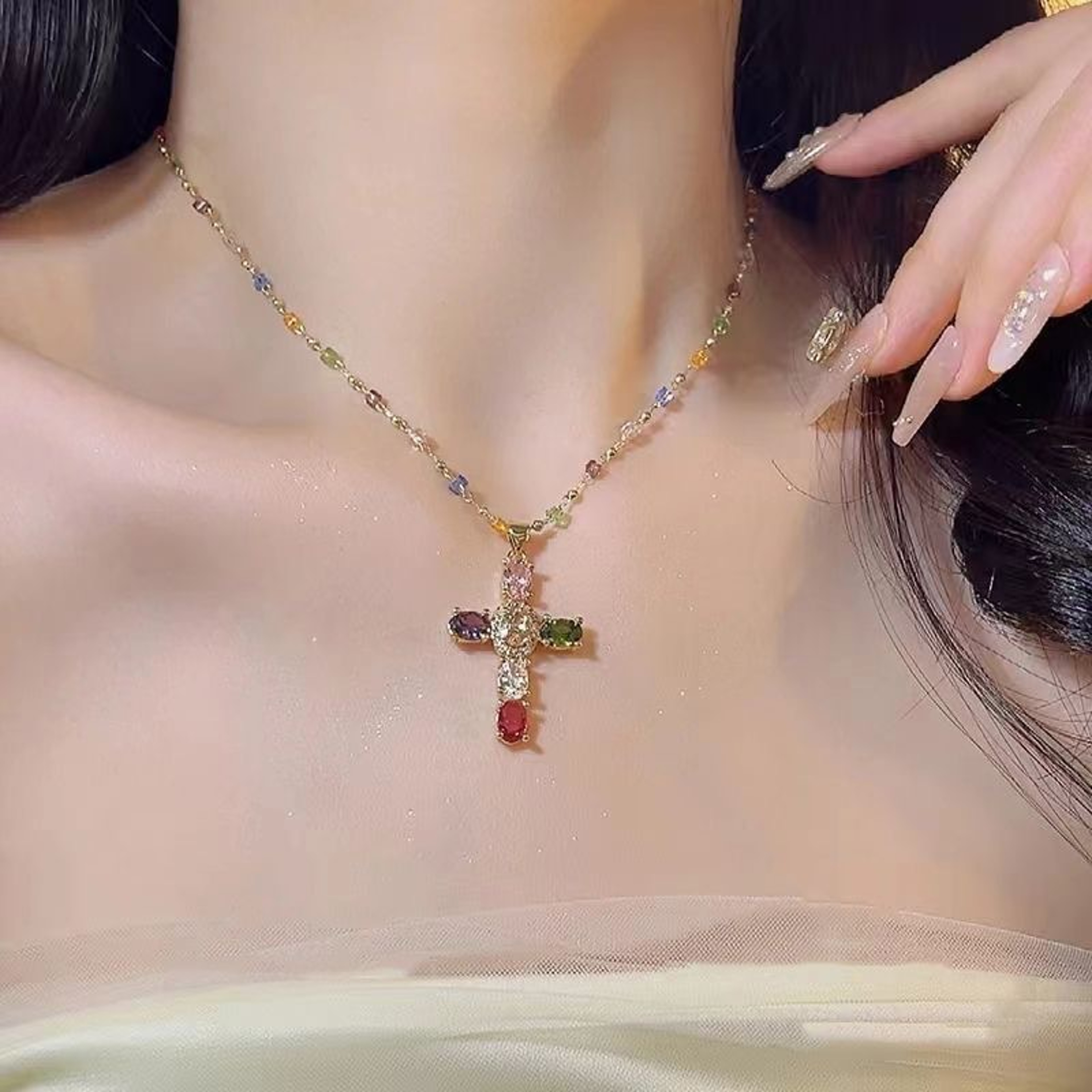 Colorful Zircon Cross Pendant Necklace For Women Stainless Steel Religious Jewelry 3