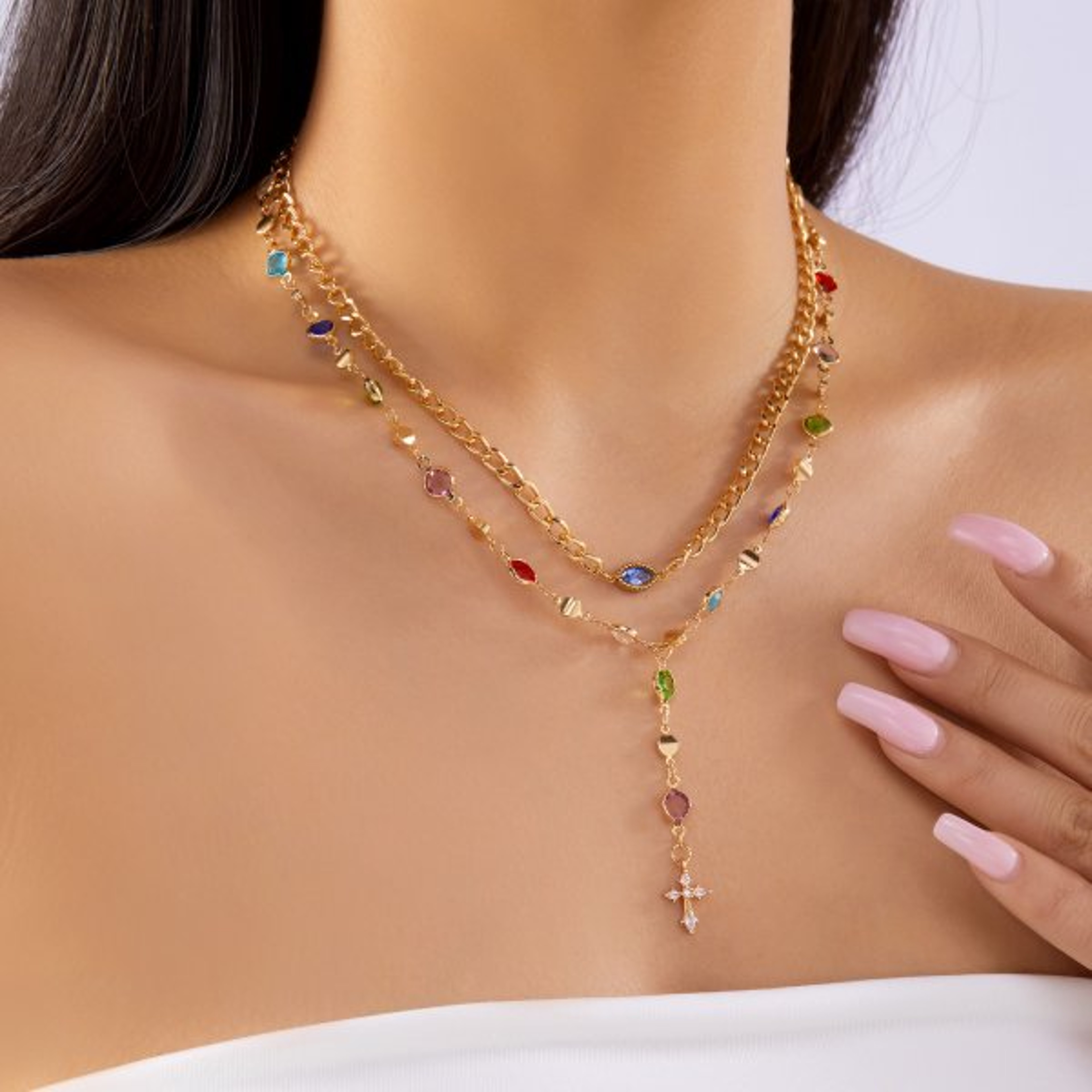 Colorful Zircon Cross Pendant Necklace For Women Stainless Steel Religious Jewelry 9