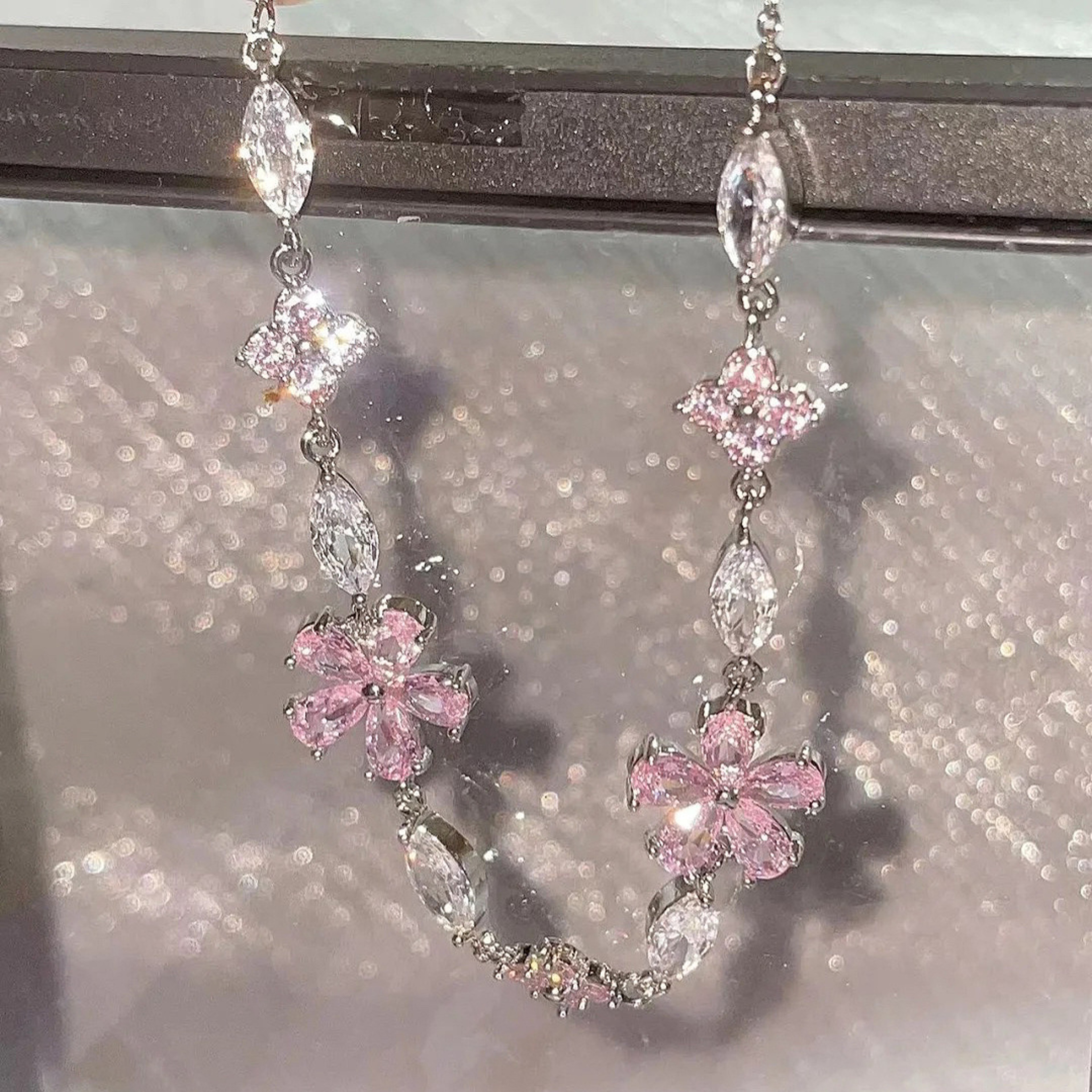 Fairy Pink Crystal Zircon Sakura Flower Bracelet for Women Sweet Jewelry Gift – view 3