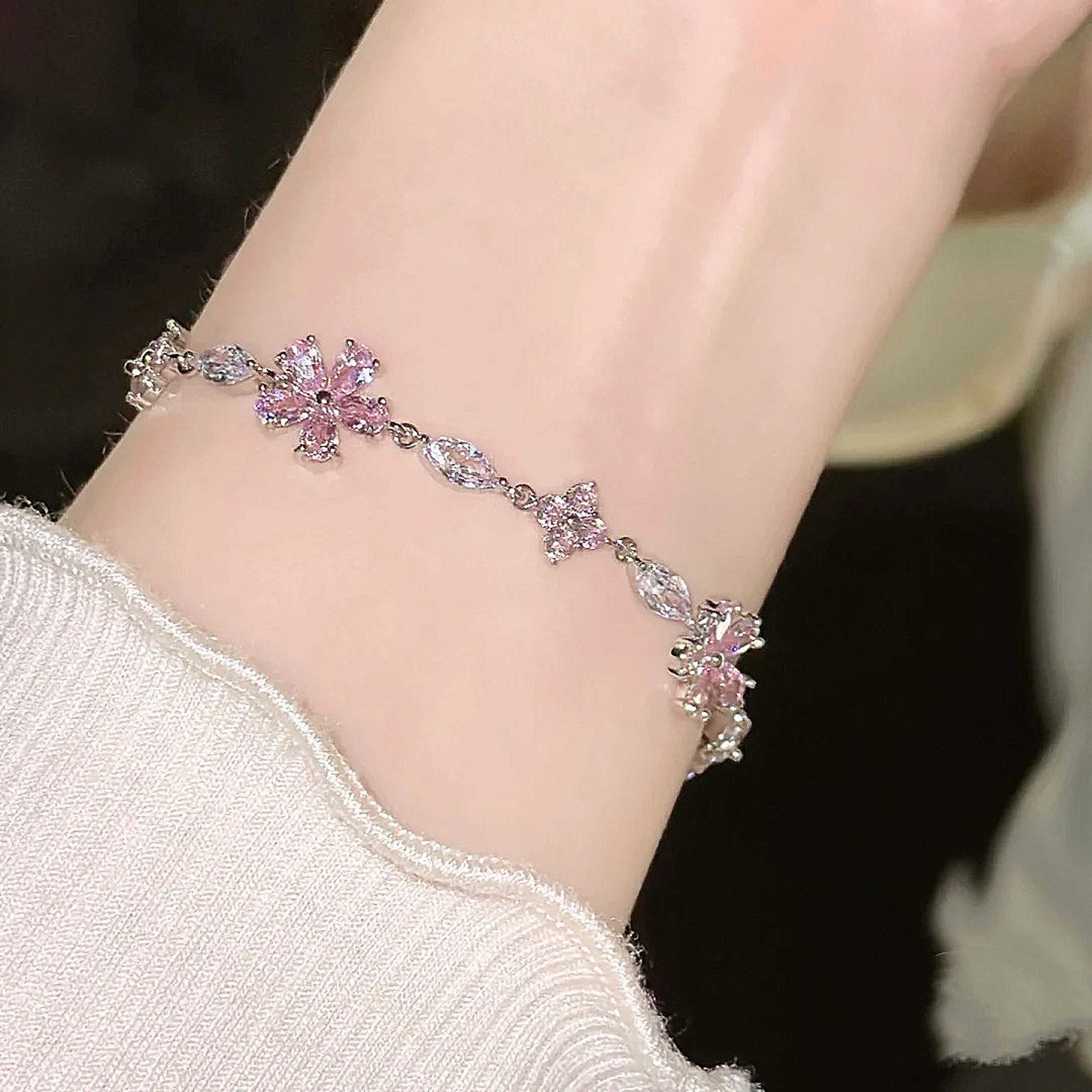 Fairy Pink Crystal Zircon Sakura Flower Bracelet for Women Sweet Jewelry Gift – view 5