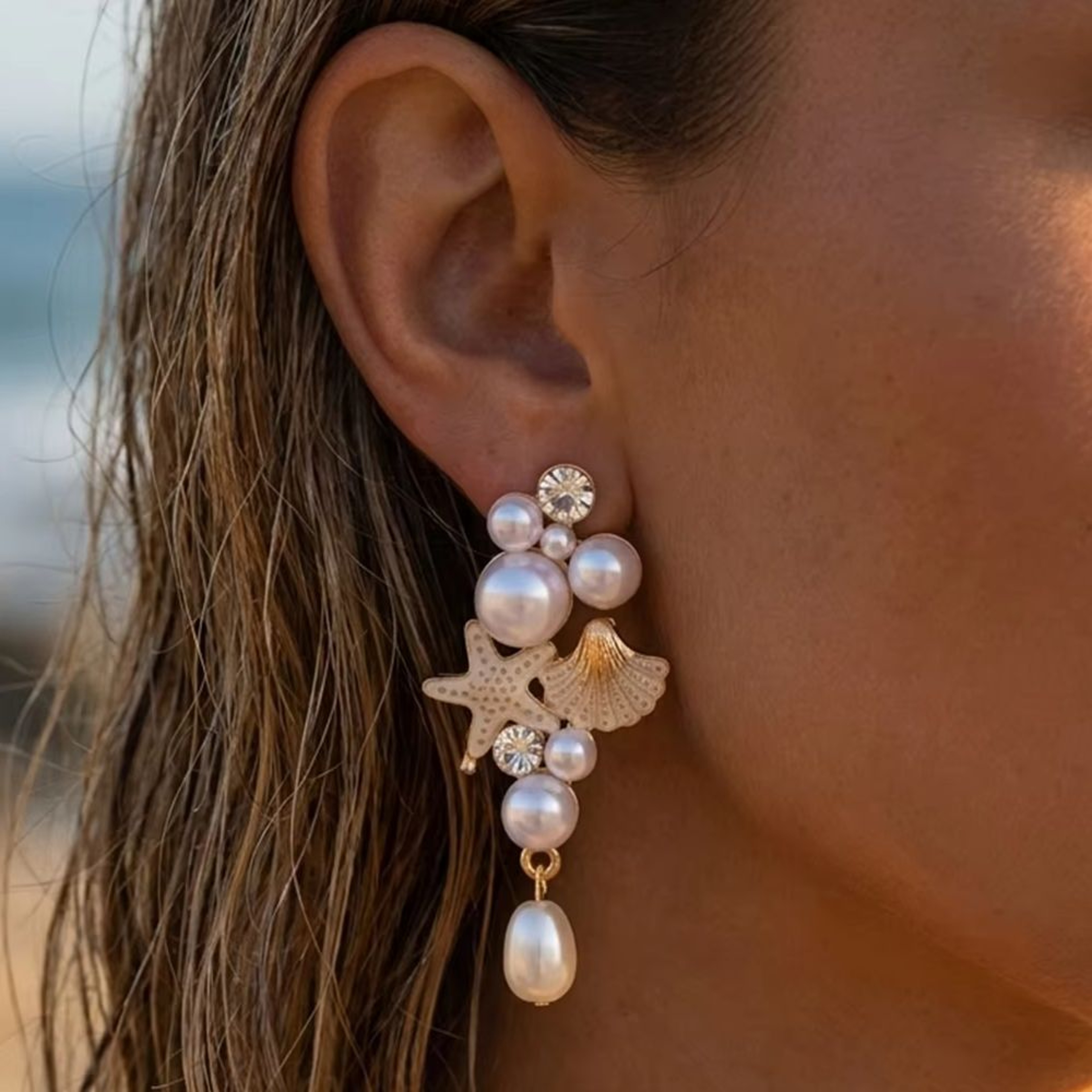 Bohemian Starfish Seashell Dangle Earrings with Pearl Rhinestone Beach Jewelry for Women – view 1
