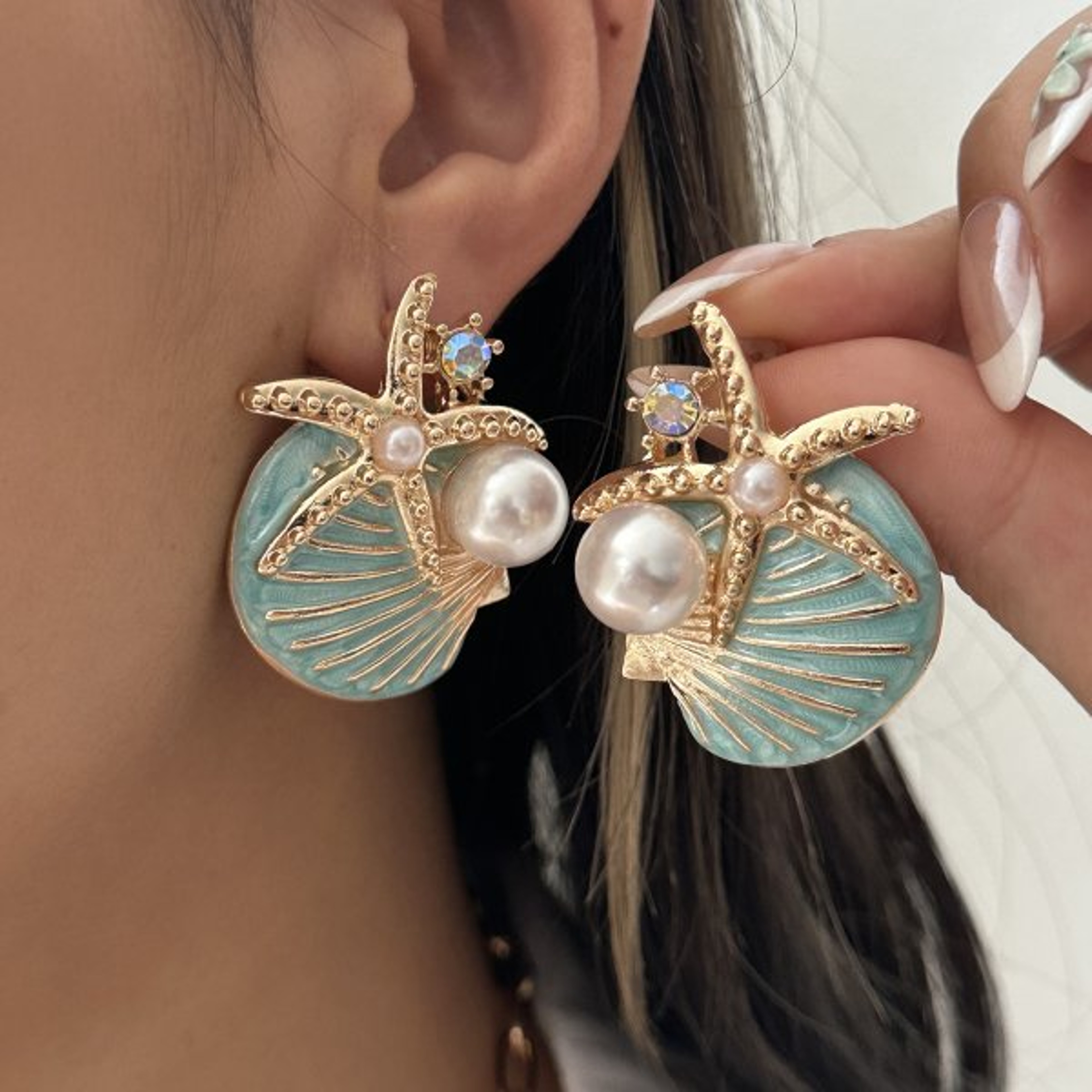 Bohemian Starfish Seashell Dangle Earrings with Pearl Rhinestone Beach Jewelry for Women – view 9