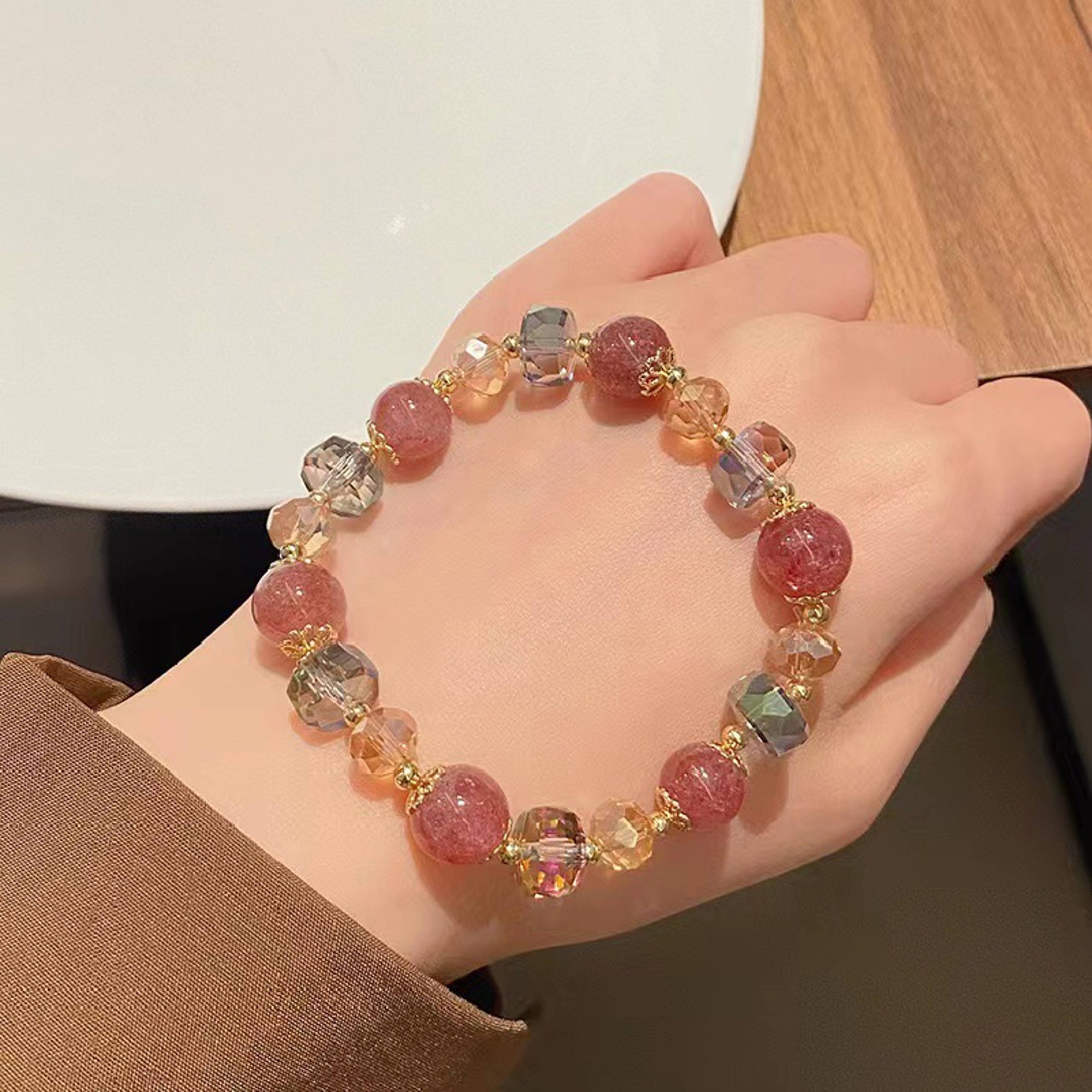 Natural Strawberry Crystal Bracelet For Women Pink Beaded Elastic Jewelry Gift 3