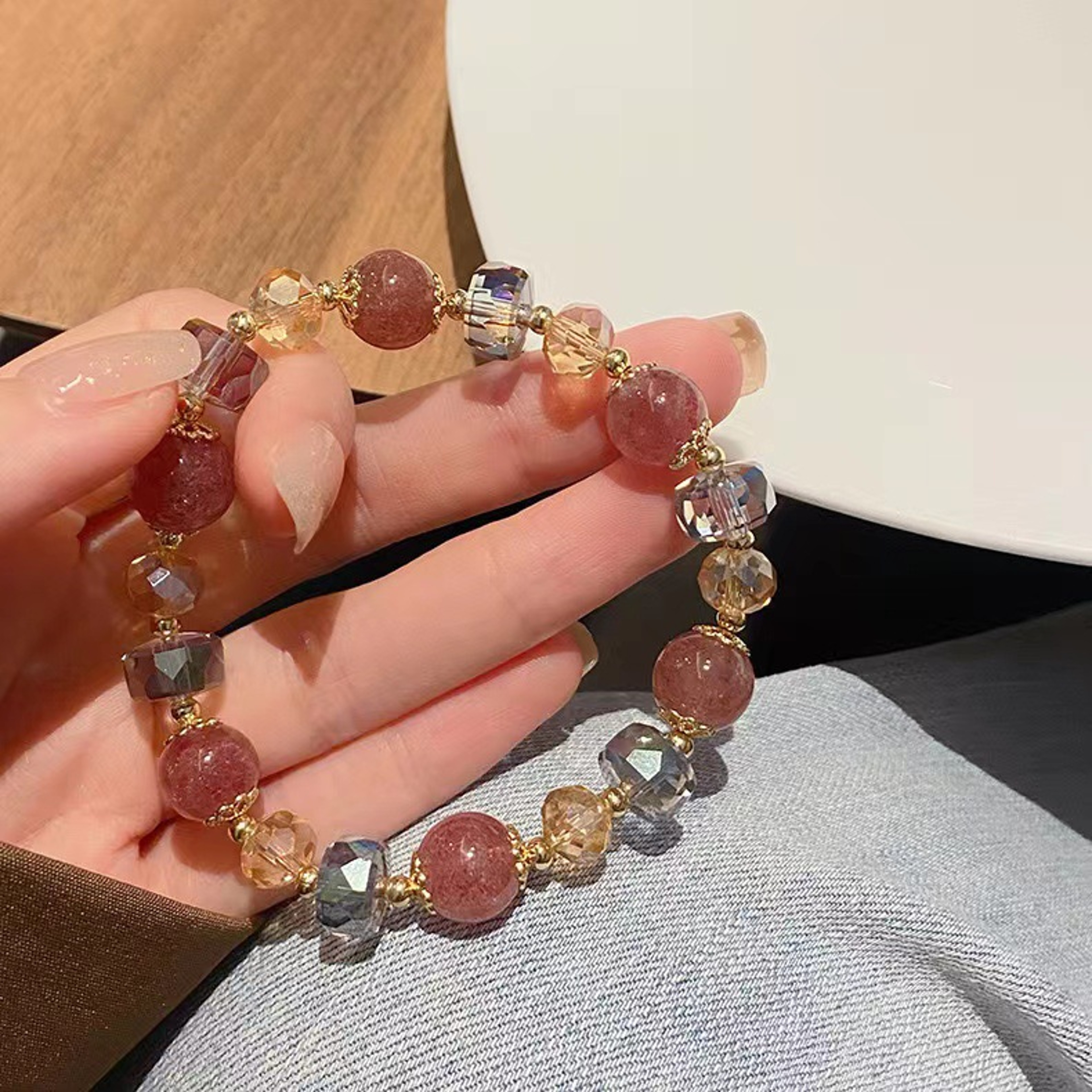 Natural Strawberry Crystal Bracelet For Women Pink Beaded Elastic Jewelry Gift 5