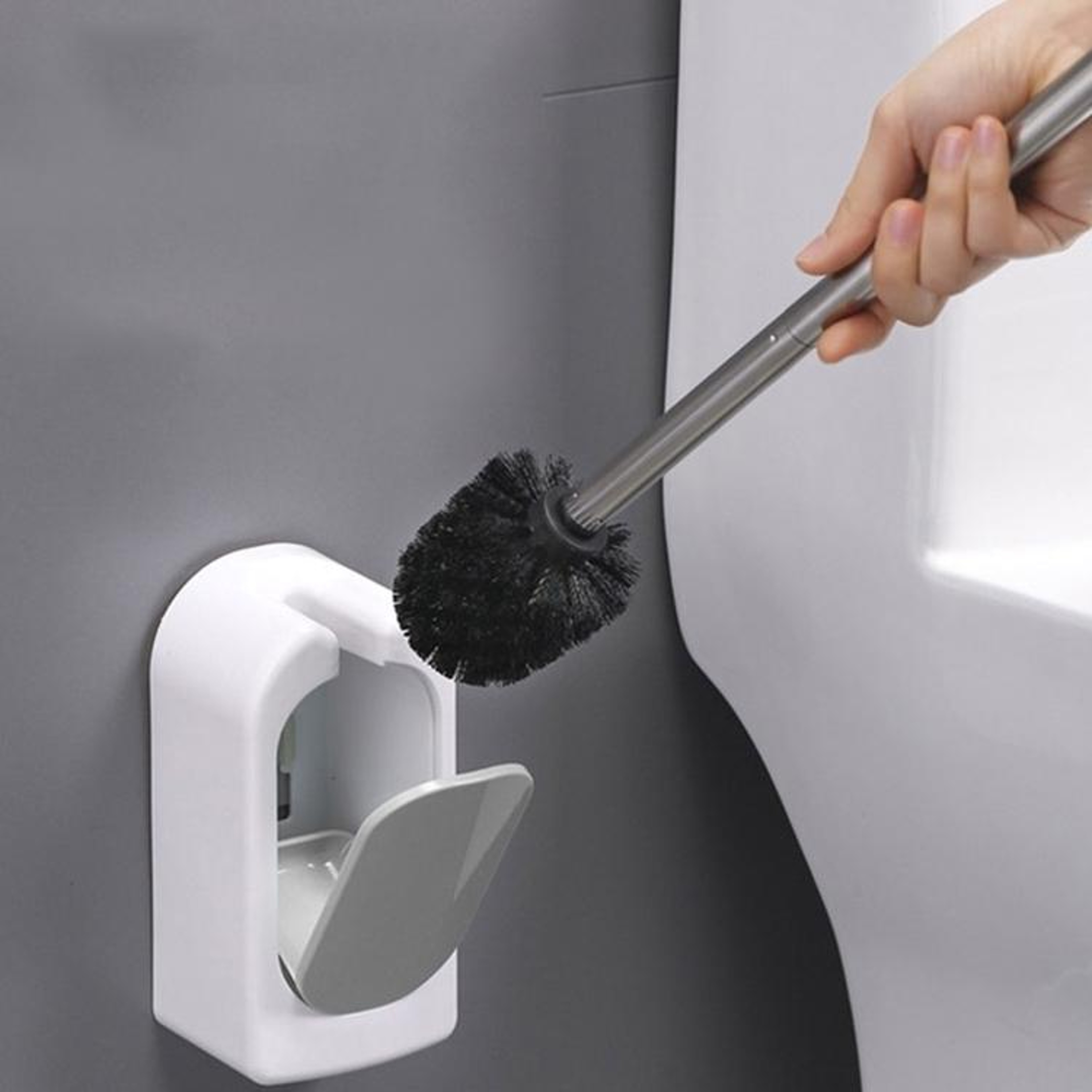 Wall Mounted Toilet Brush Set With Long Handle Soft Bristles  Hygienic Holder 9