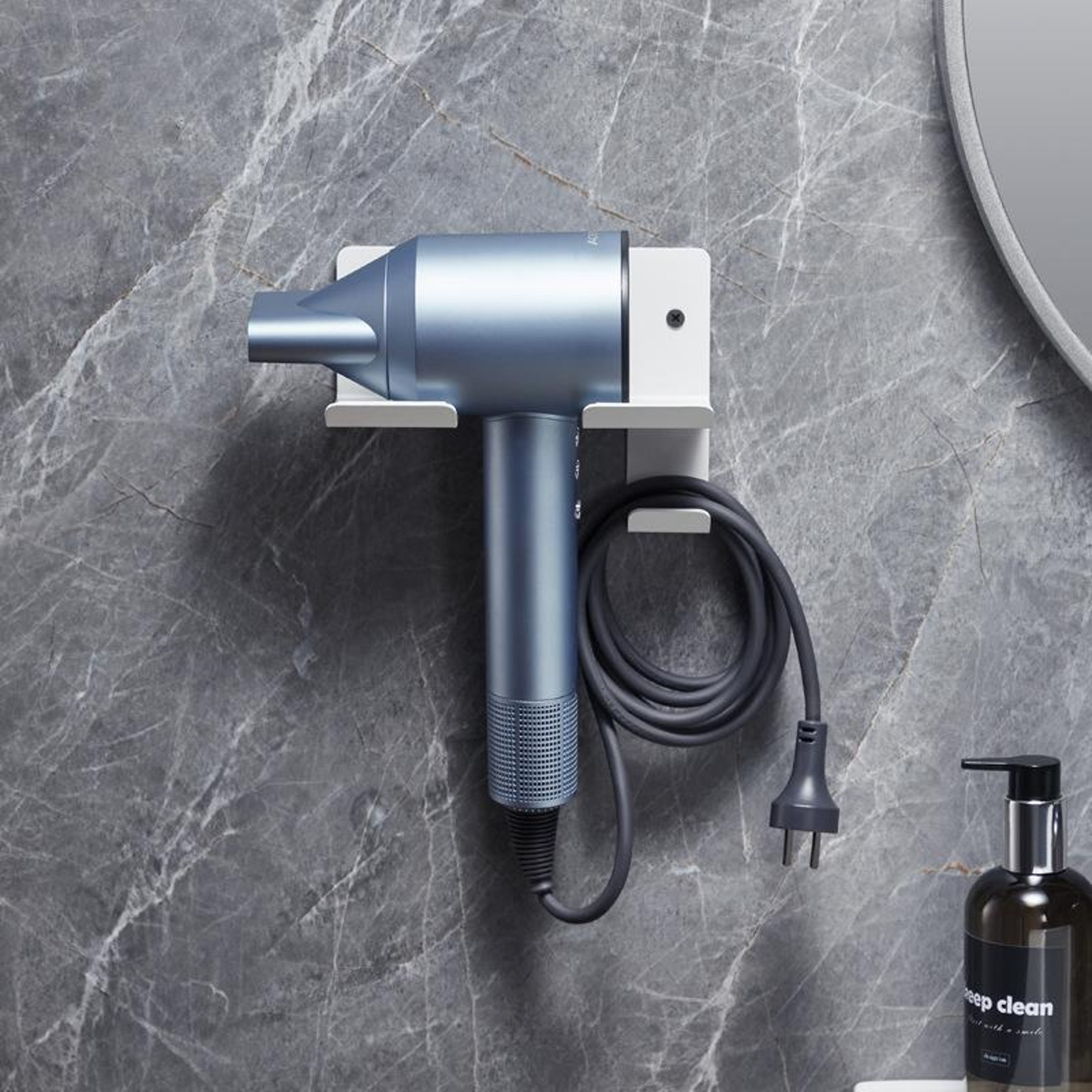 Wall Mounted Hair Dryer Holder With Cord Organizer Space Saving Bathroom Storage Rack 0