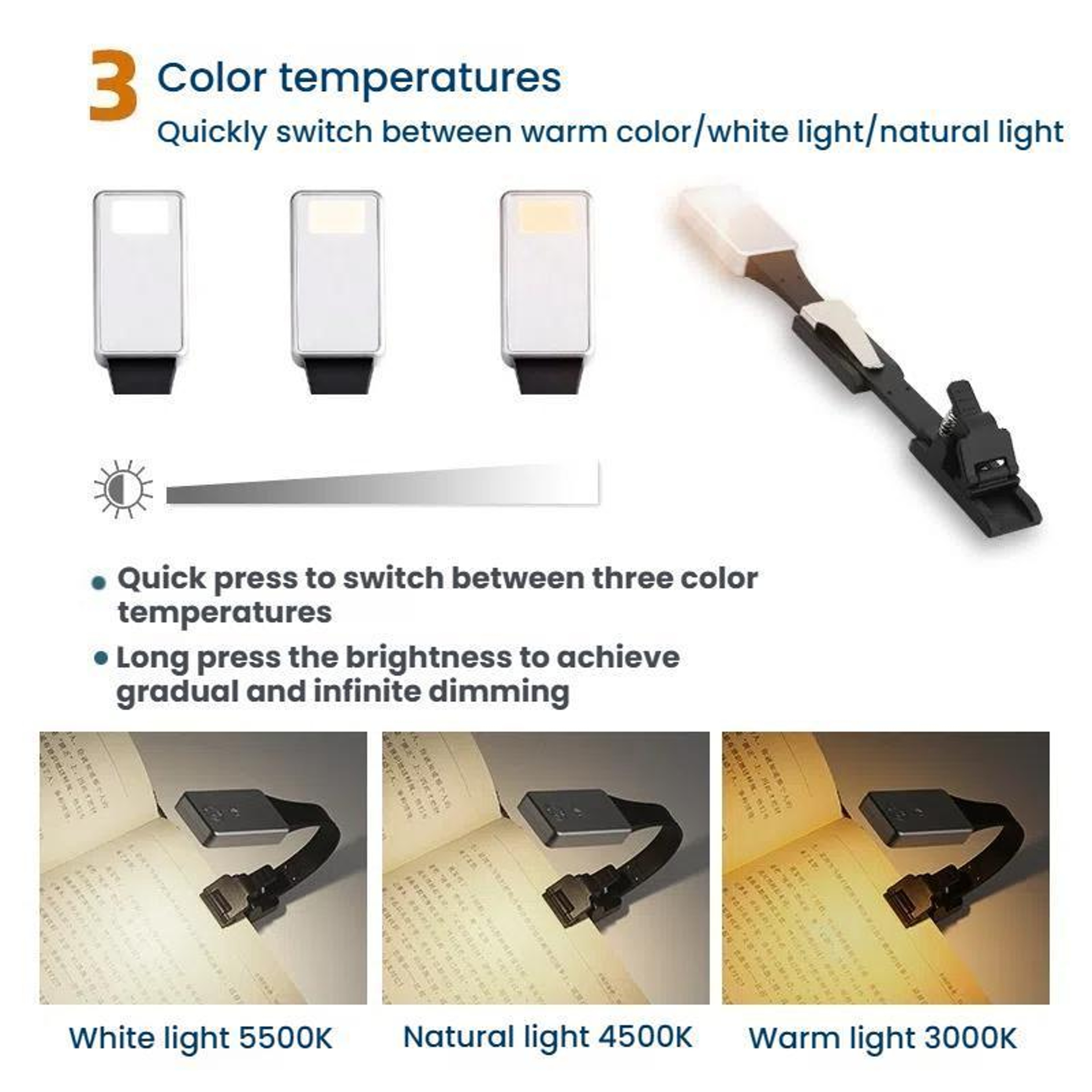 Rechargeable Book Light Clip On Reading Lamp With 3 Color Modes  Magnetic Bookmark Design 4