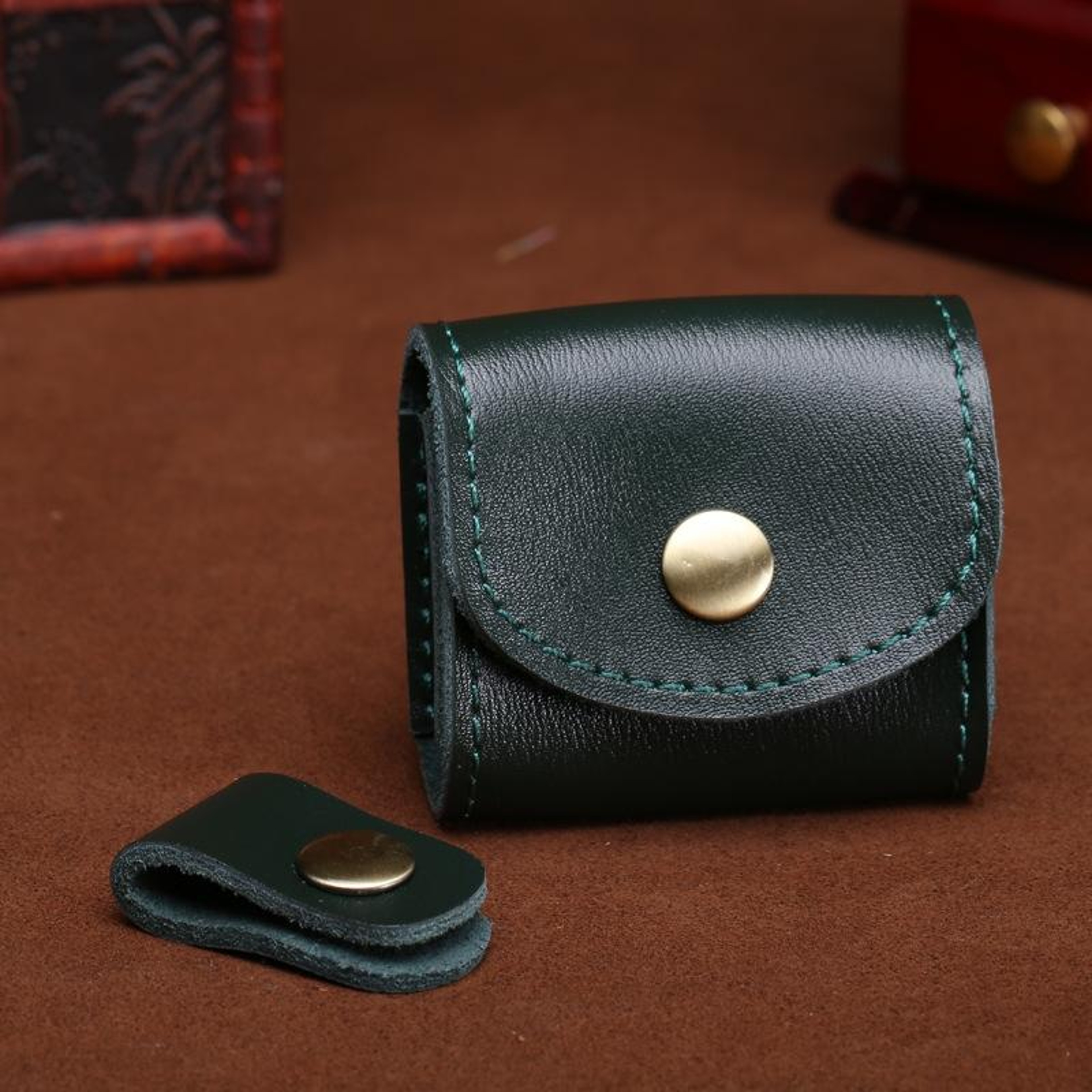 Vintage Leather Earbud Case Mini Headphone Pouch With Velvet Lining  Snap Closure 8
