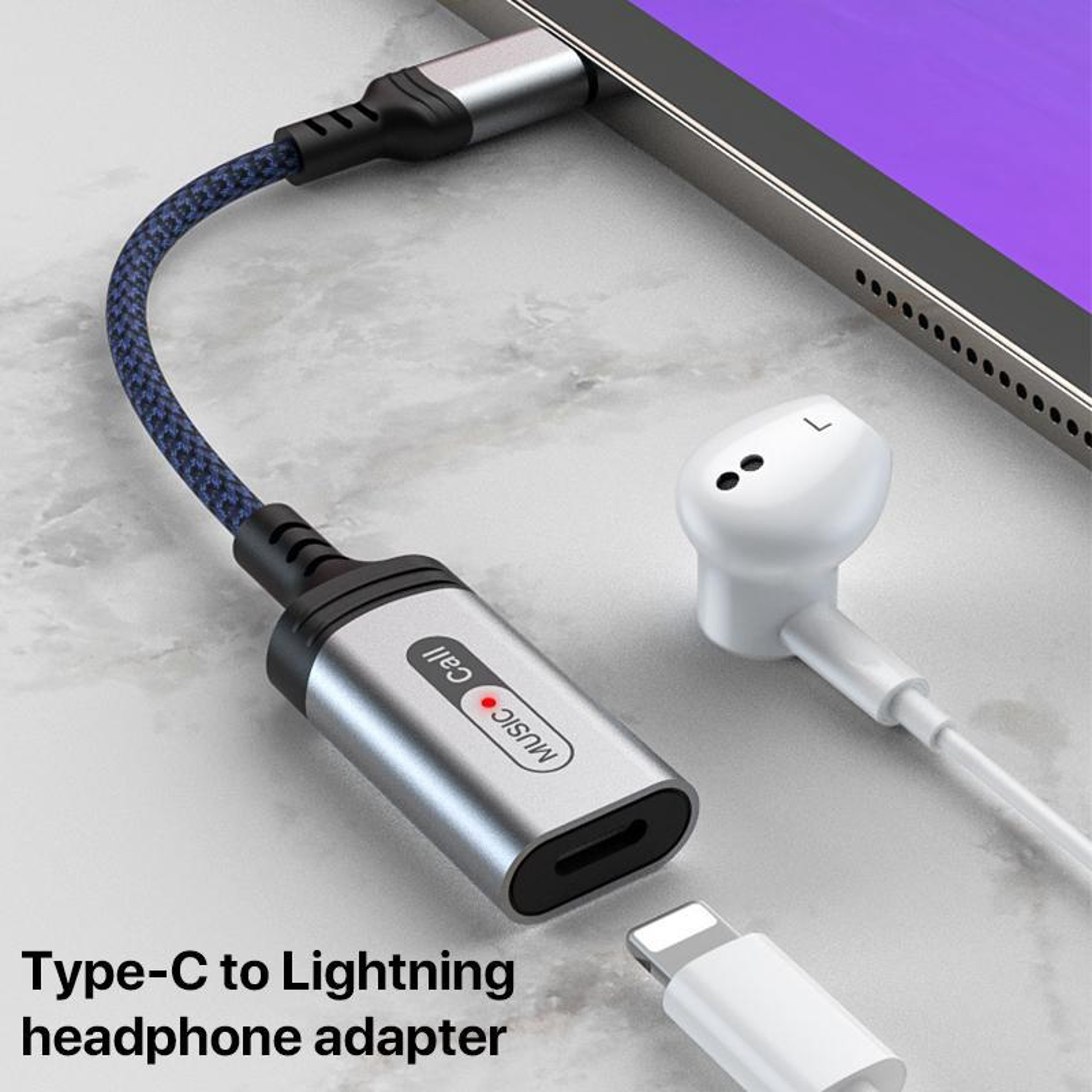 MH 306 USB C To Lightning Audio Adapter With Braided Cable  Smart Indicator Light 3