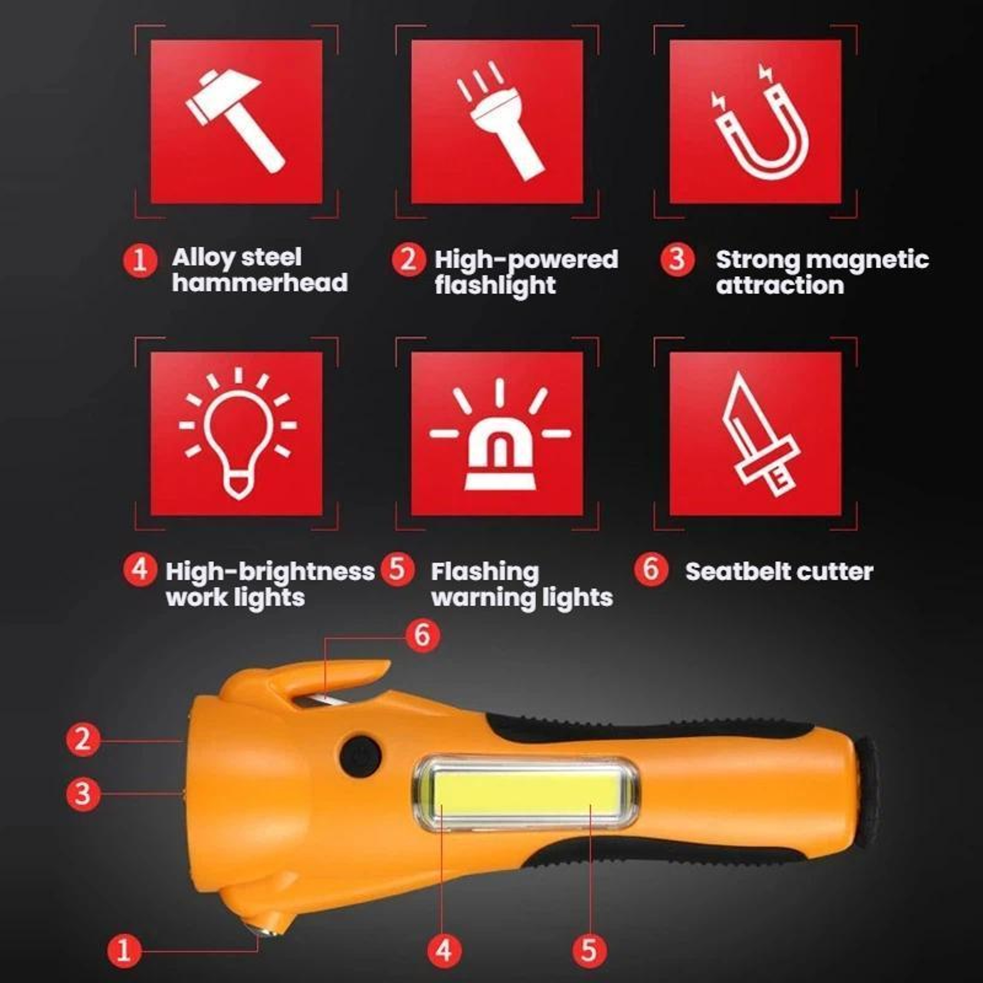 Magnetic COB Emergency Work Light With Safety Hammer  Seatbelt Cutter 2