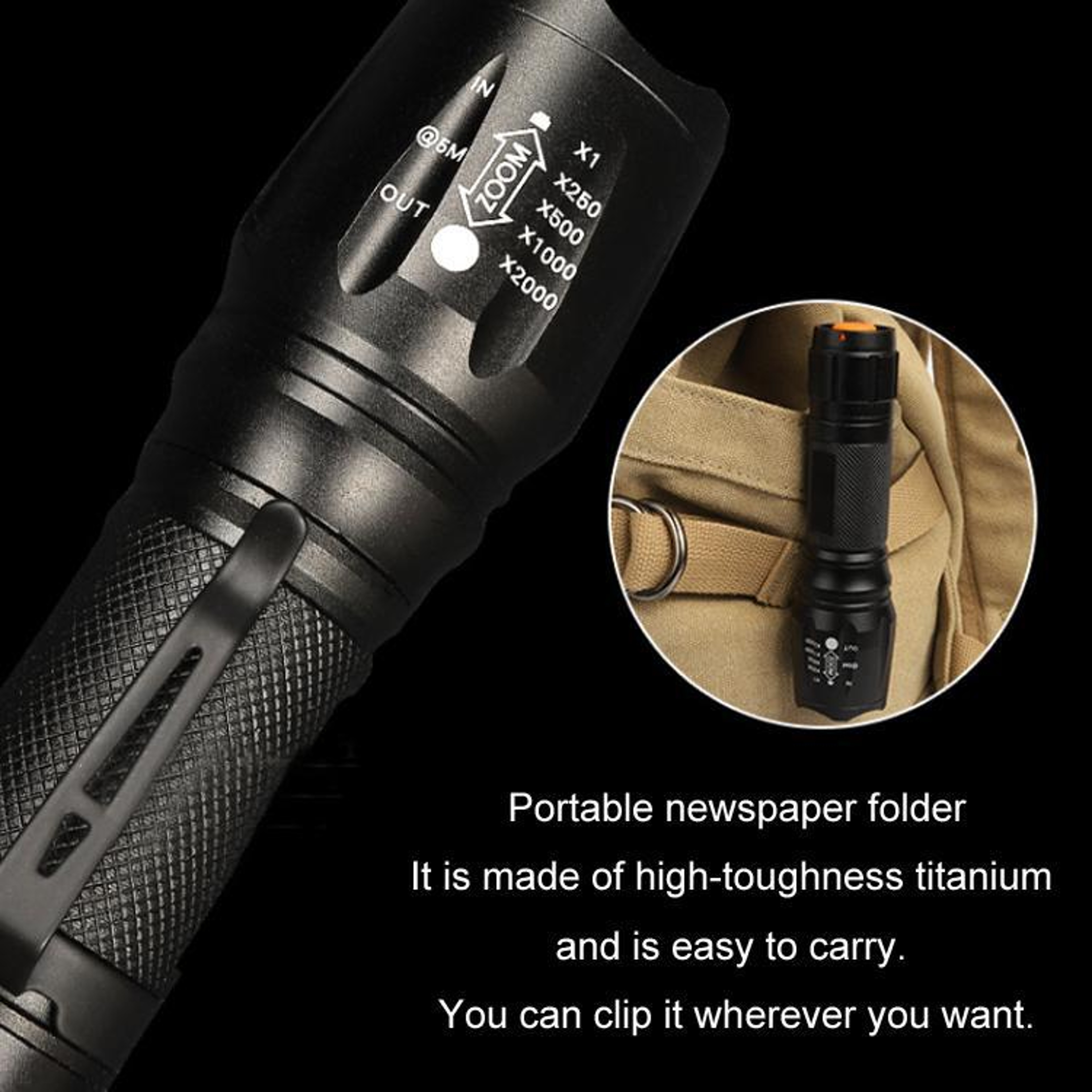 Cree T6 Zoom LED Flashlight Pen Clip Long Range Waterproof Tactical Torch 4