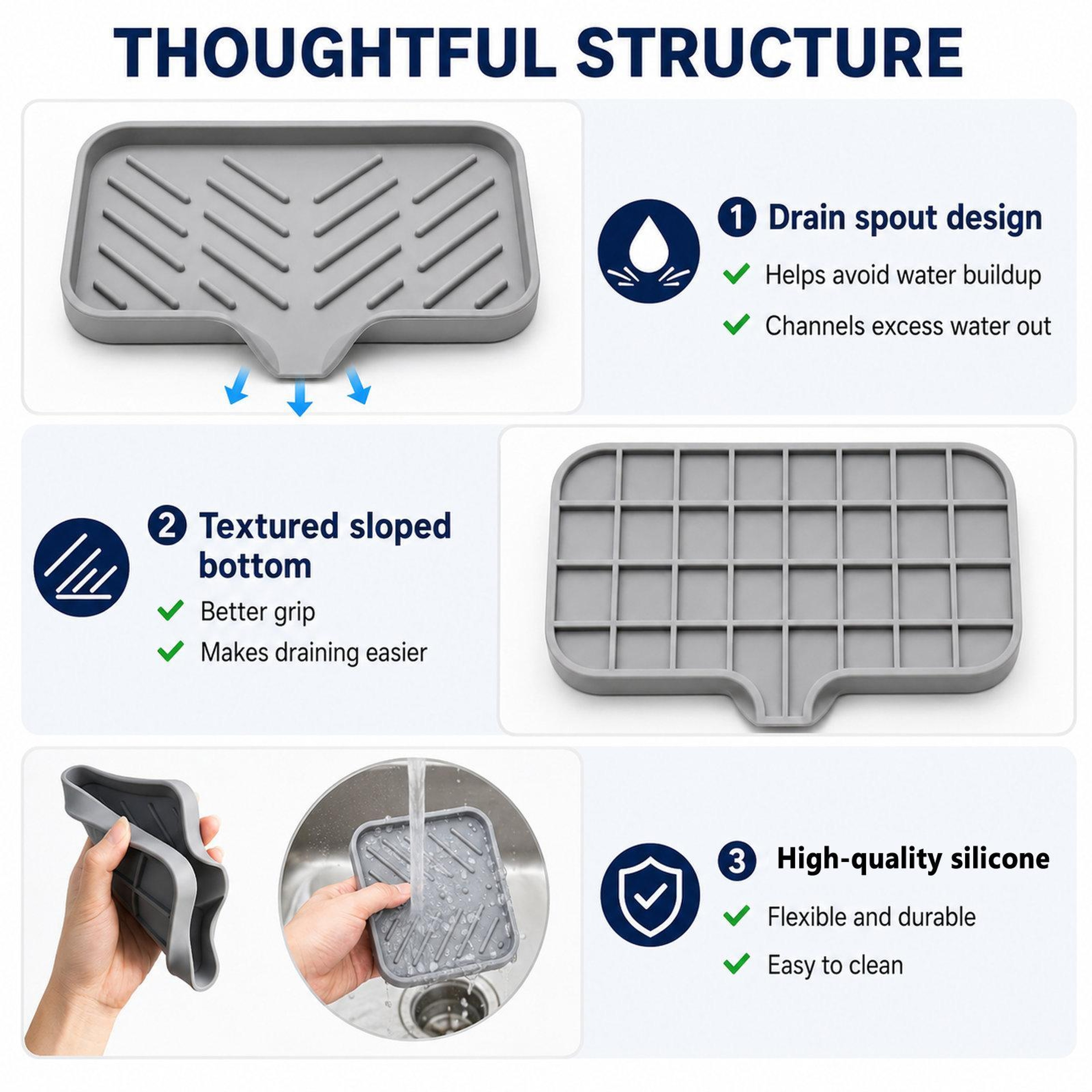 Large Self Draining Silicone Sink Tray  Kitchen Sponge Holder 5
