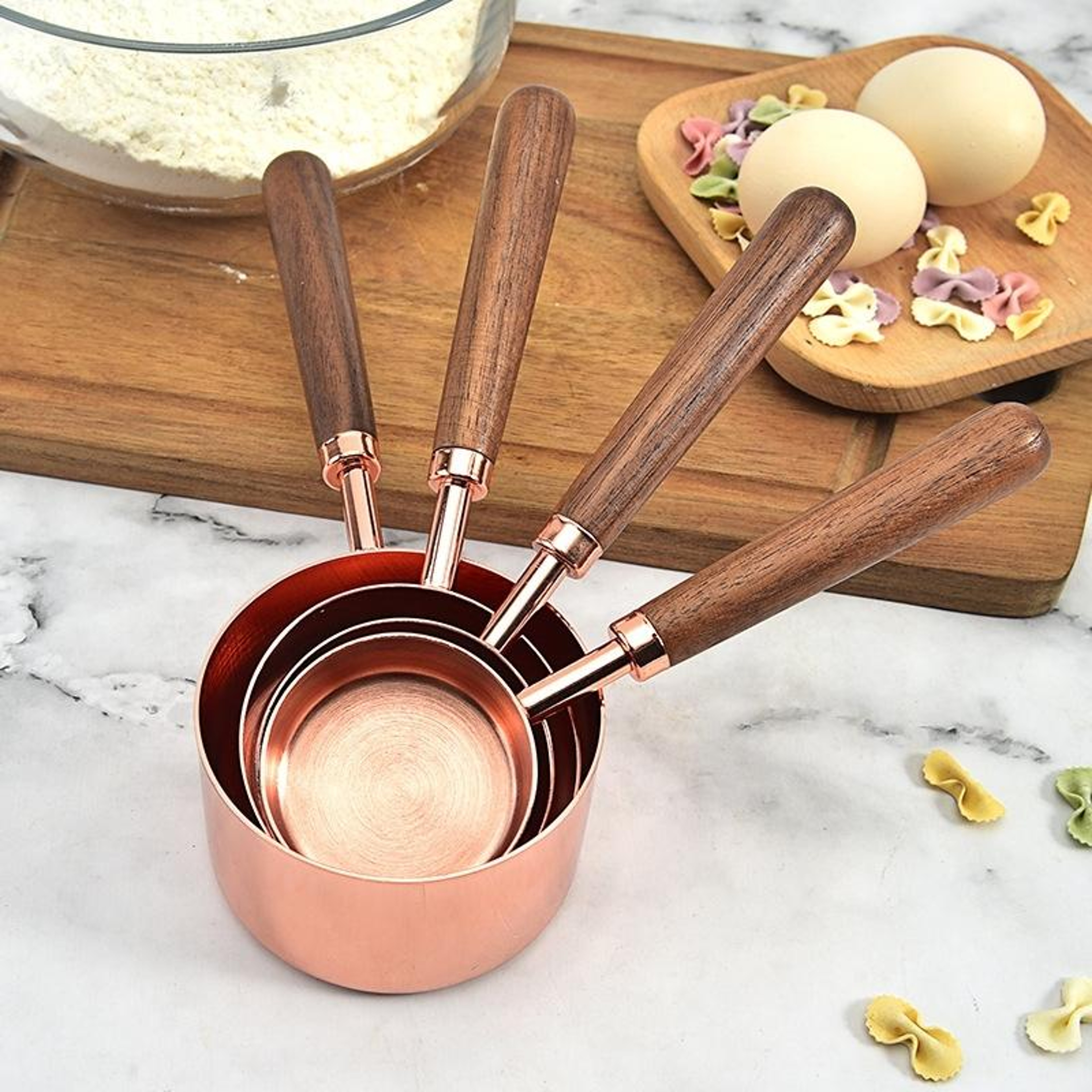 Premium Walnut Handle Kitchen Baking Copper Plated Measuring Cups And Spoon Set 5